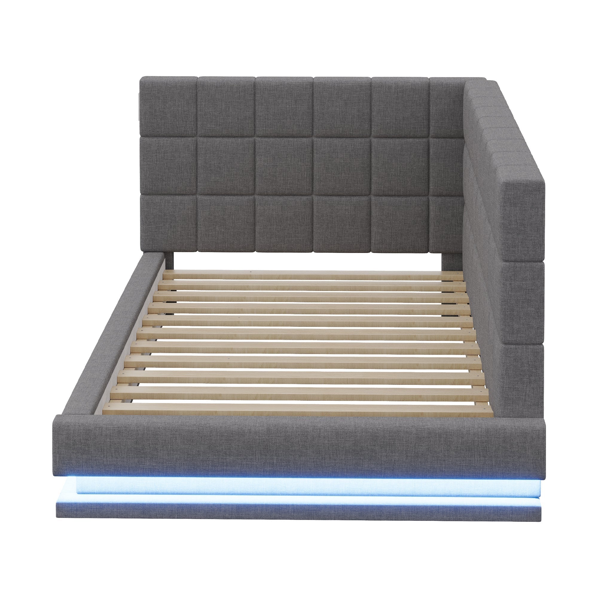 Upholstered Bed Sofa, 90x200 Multifunctional with LED & USB, Linen Fabric Grey