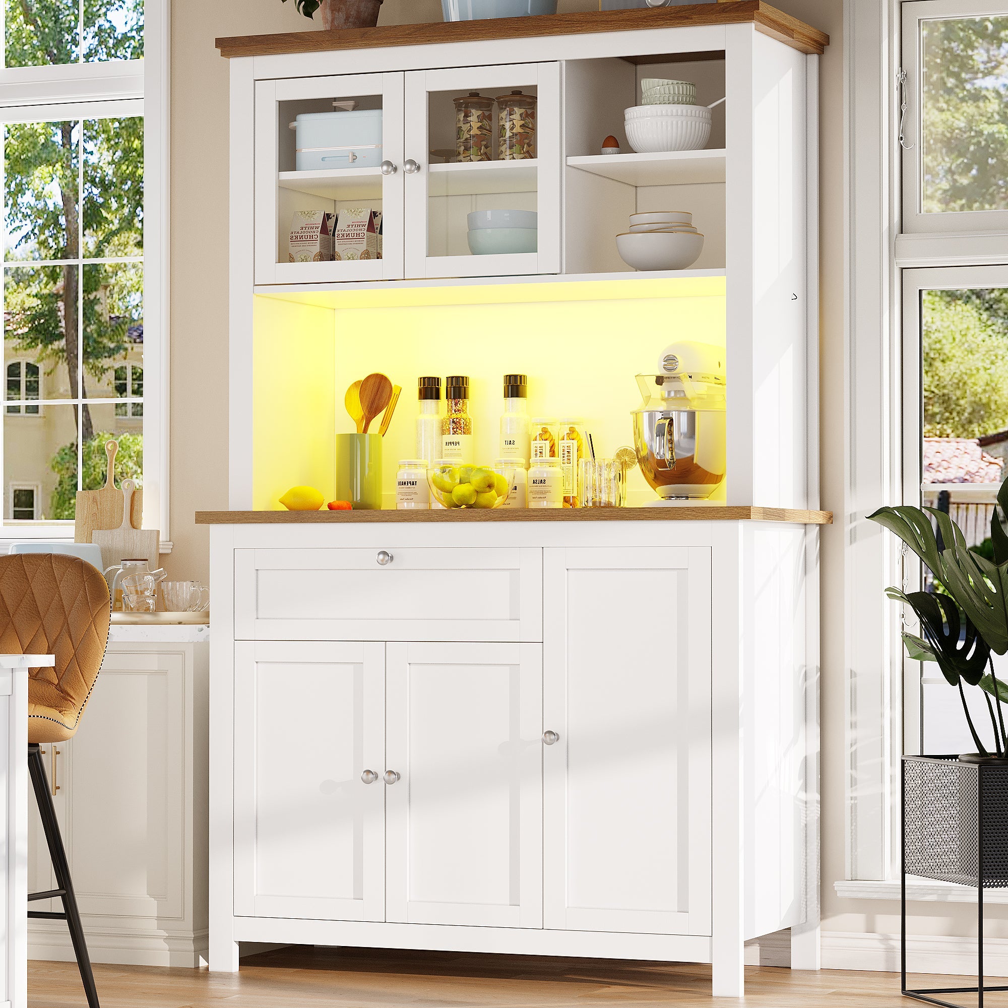 Tall Kitchen Cabinet 104x40x180cm Adjustable Shelves LED Lighting - White