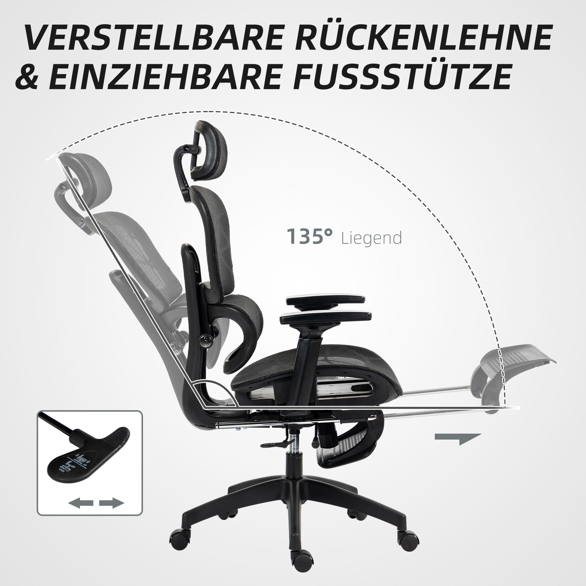 Office Chair Ergonomic Mesh Swivel Reclining Footrest, Black