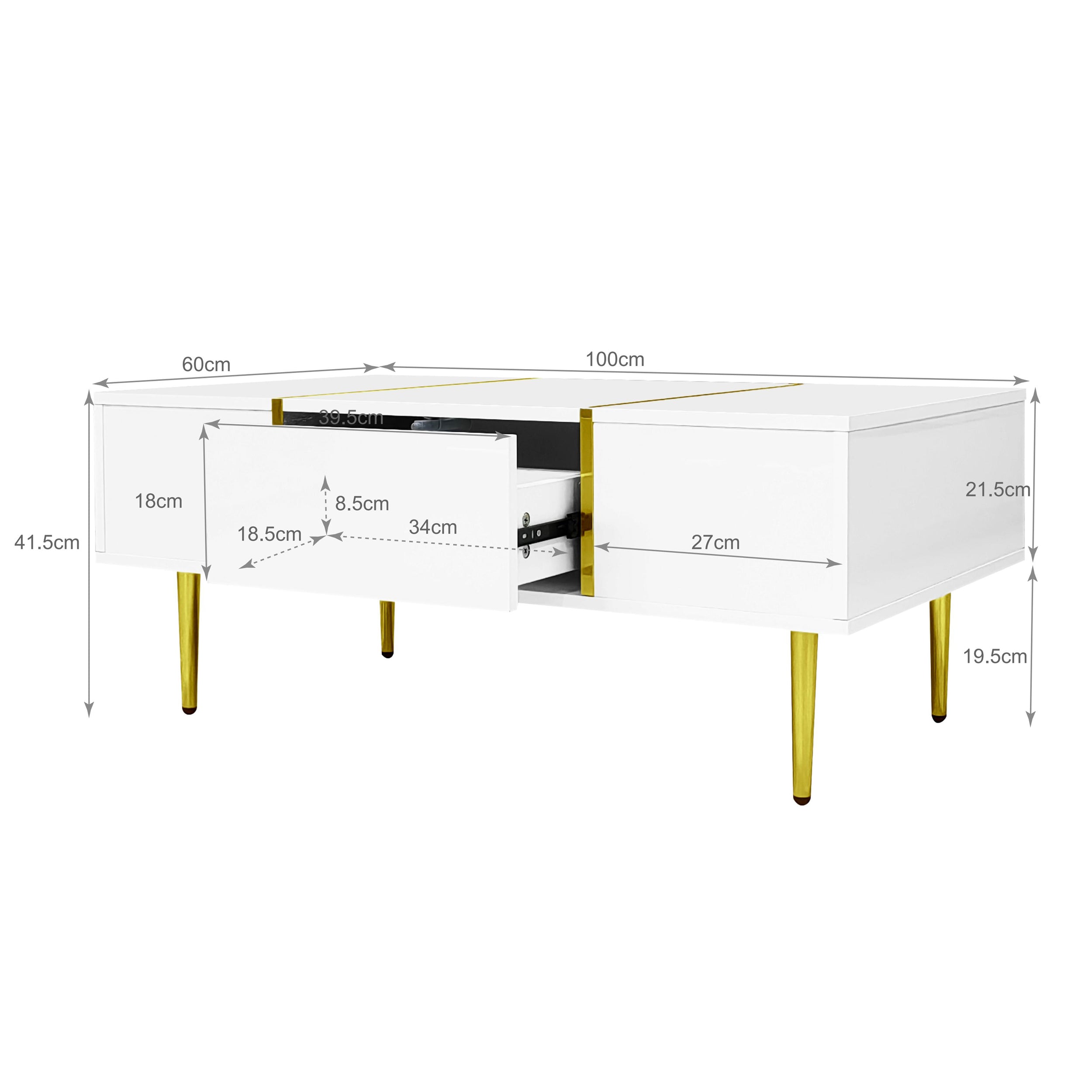White Coffee Table, High Gloss Modern with 2 Drawers