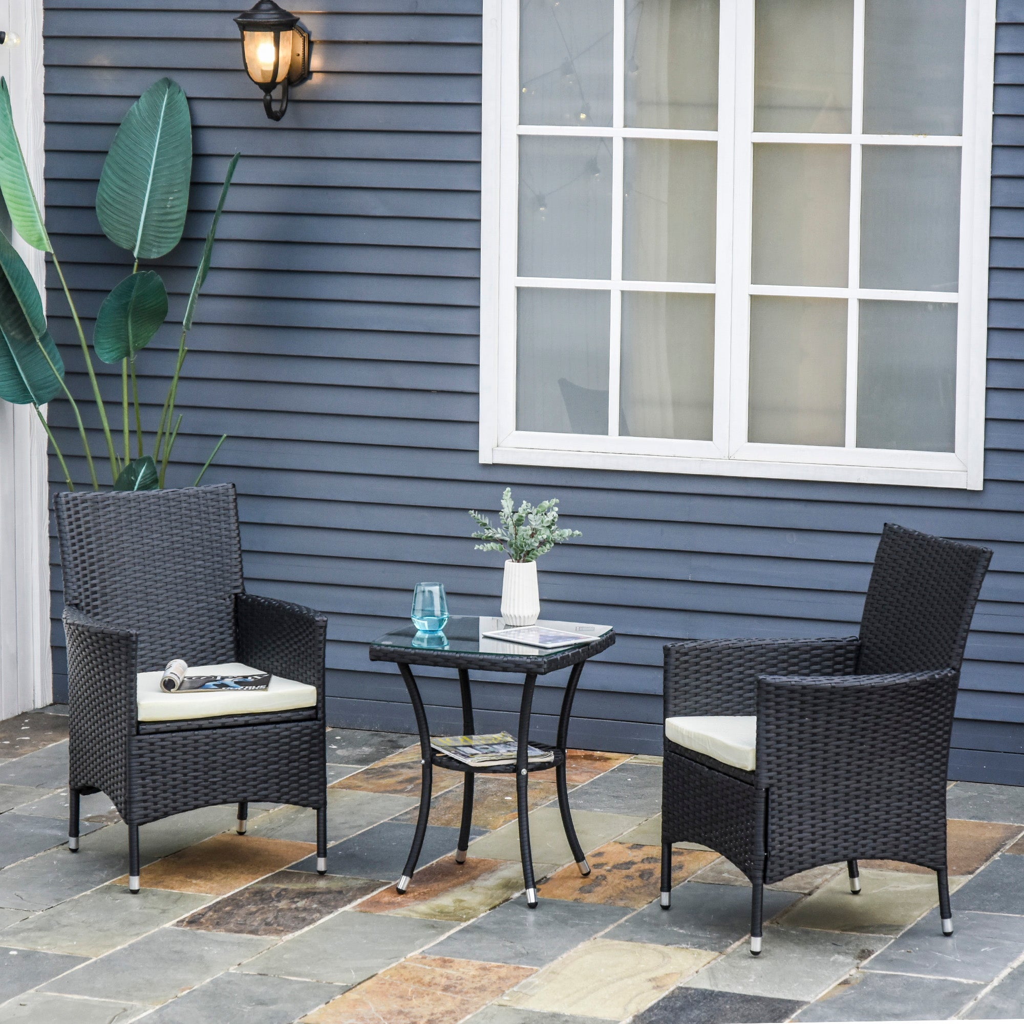 3 Pieces Rattan Bistro Set, 2-Tier Coffee Table and Chairs with Cushions, Black