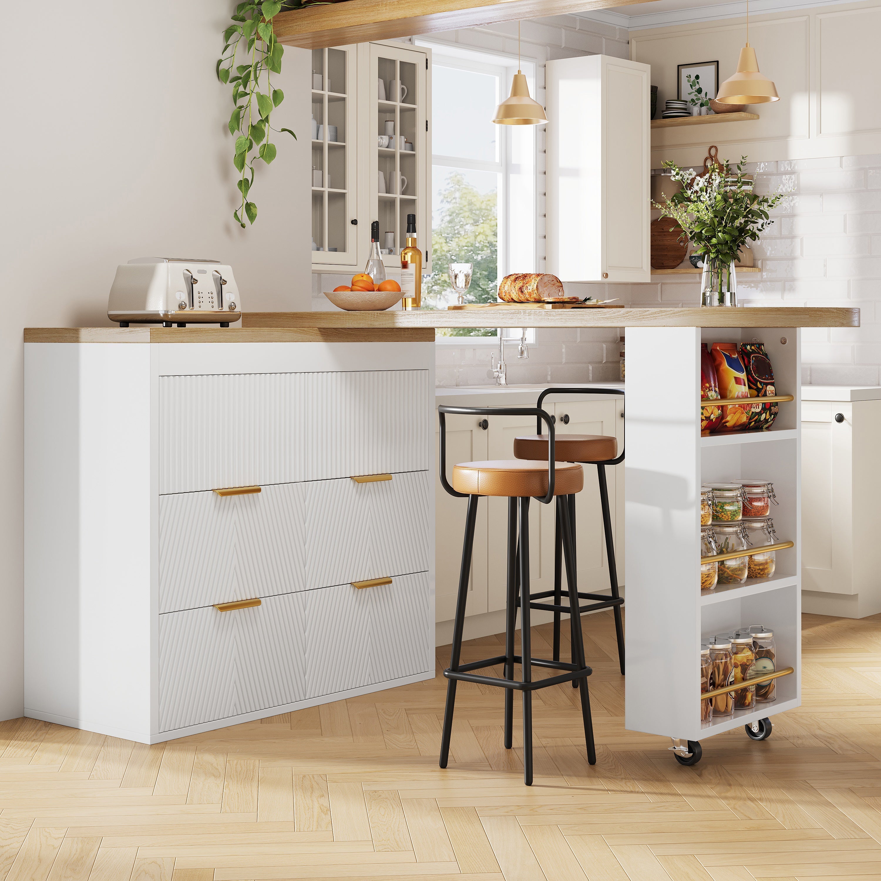 Multifunctional Bar Table with 6 Drawers and 360 Degree Rotation, White