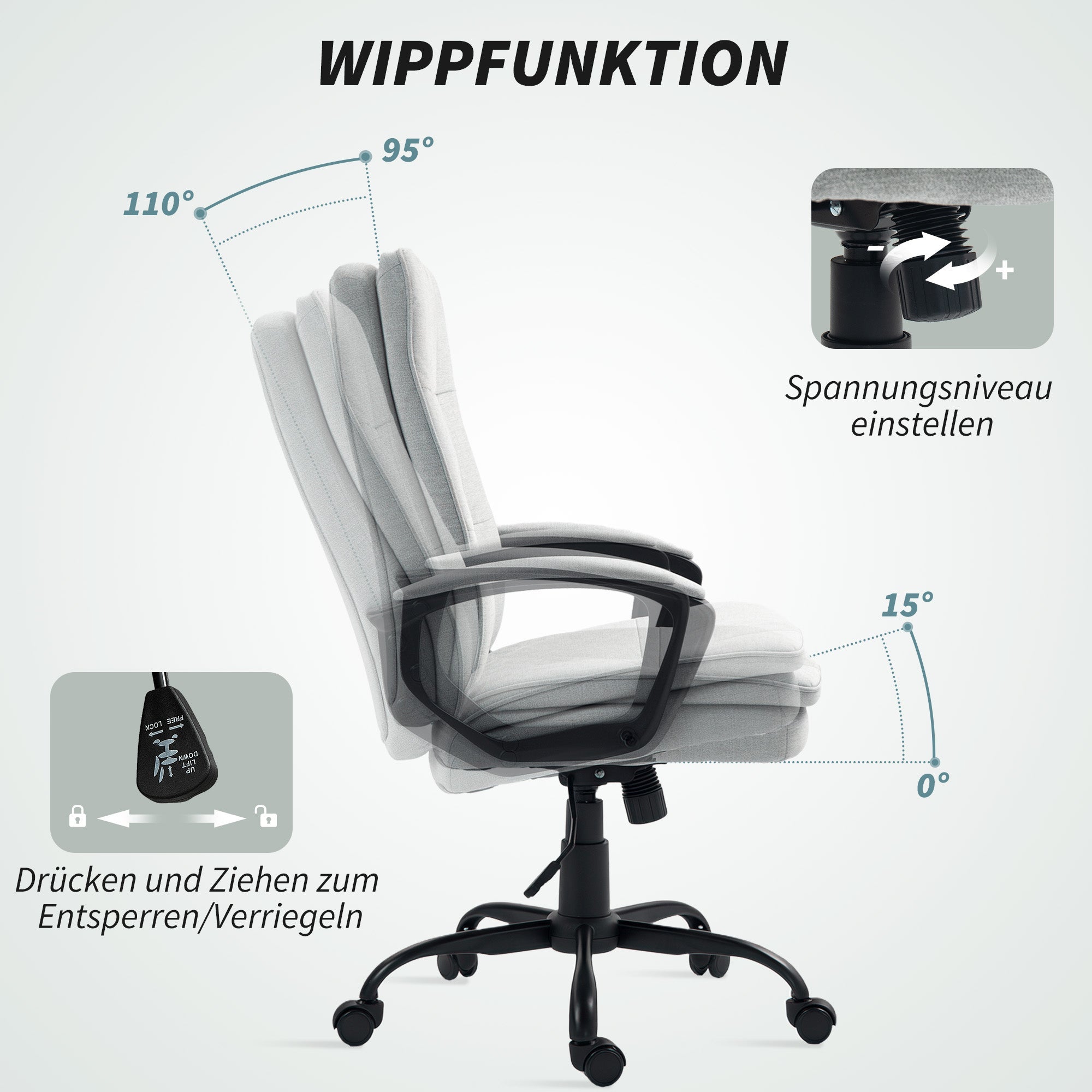 Office Chair Ergonomic Desk Chair with Armrests, Height-Adjustable Swivel with Rocking Function, Padded, Grey