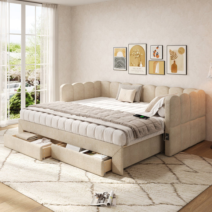 Upholstered Daybed with 2 Storage Drawers, USB Port, Extendable 90x190 to 180 cm, Beige Chenille