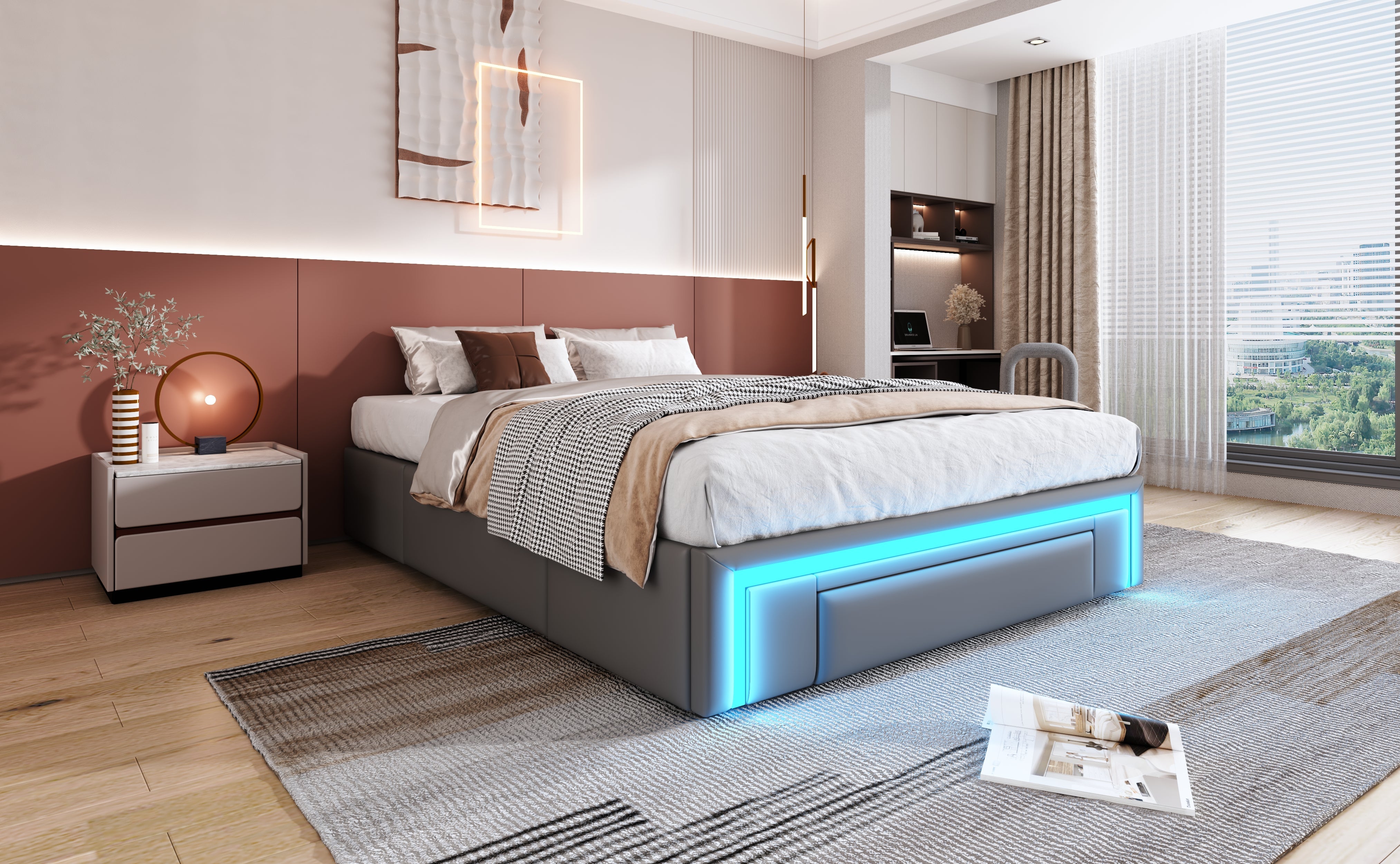 Bed Frame 140x200 with Drawers, LED Light Bar, Metal Slatted Platform, PU Leather, Gray