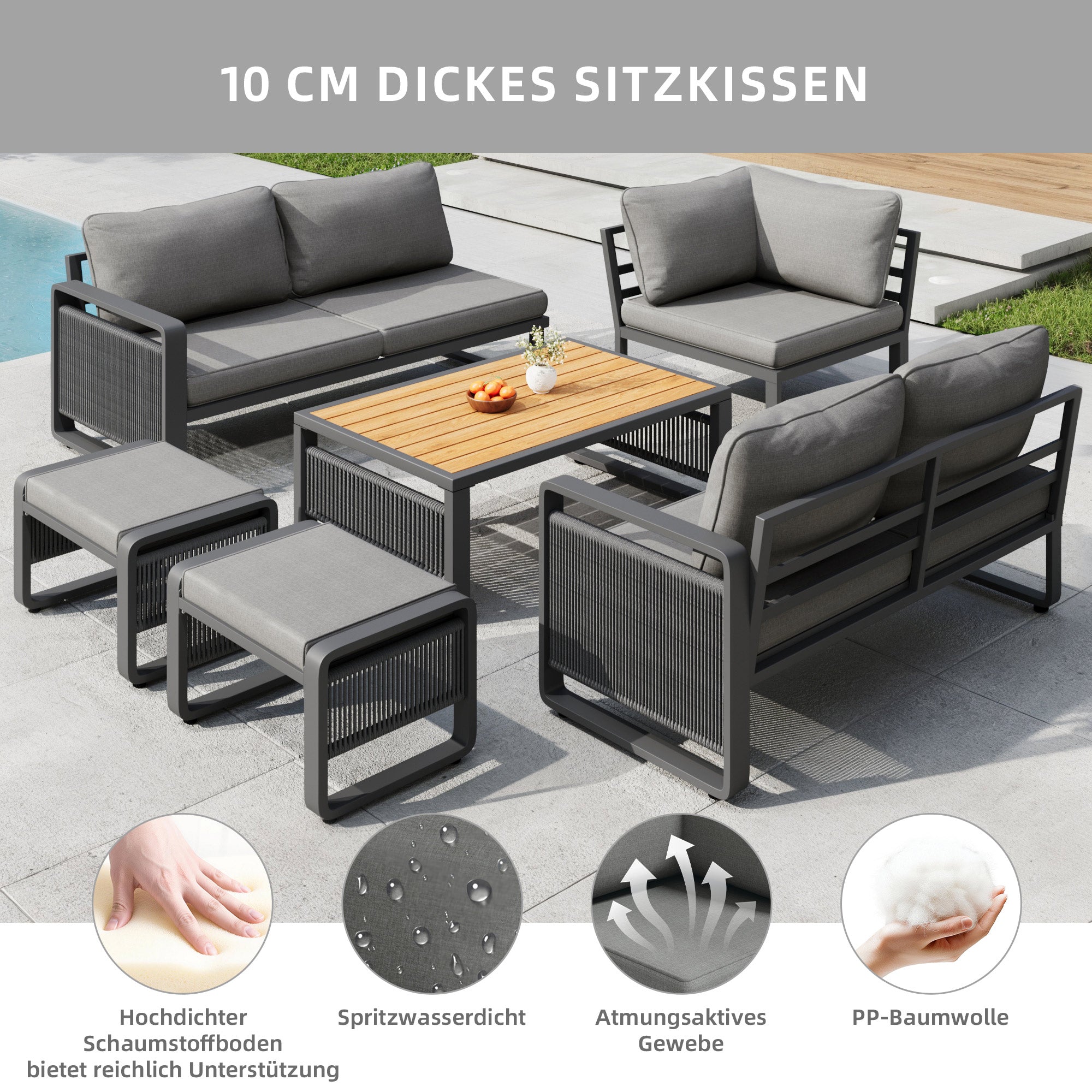 Garden Lounge Set, 6-7 Person Weatherproof Corner Sofa with Hand-Woven Rope and Cushions, Grey Iron