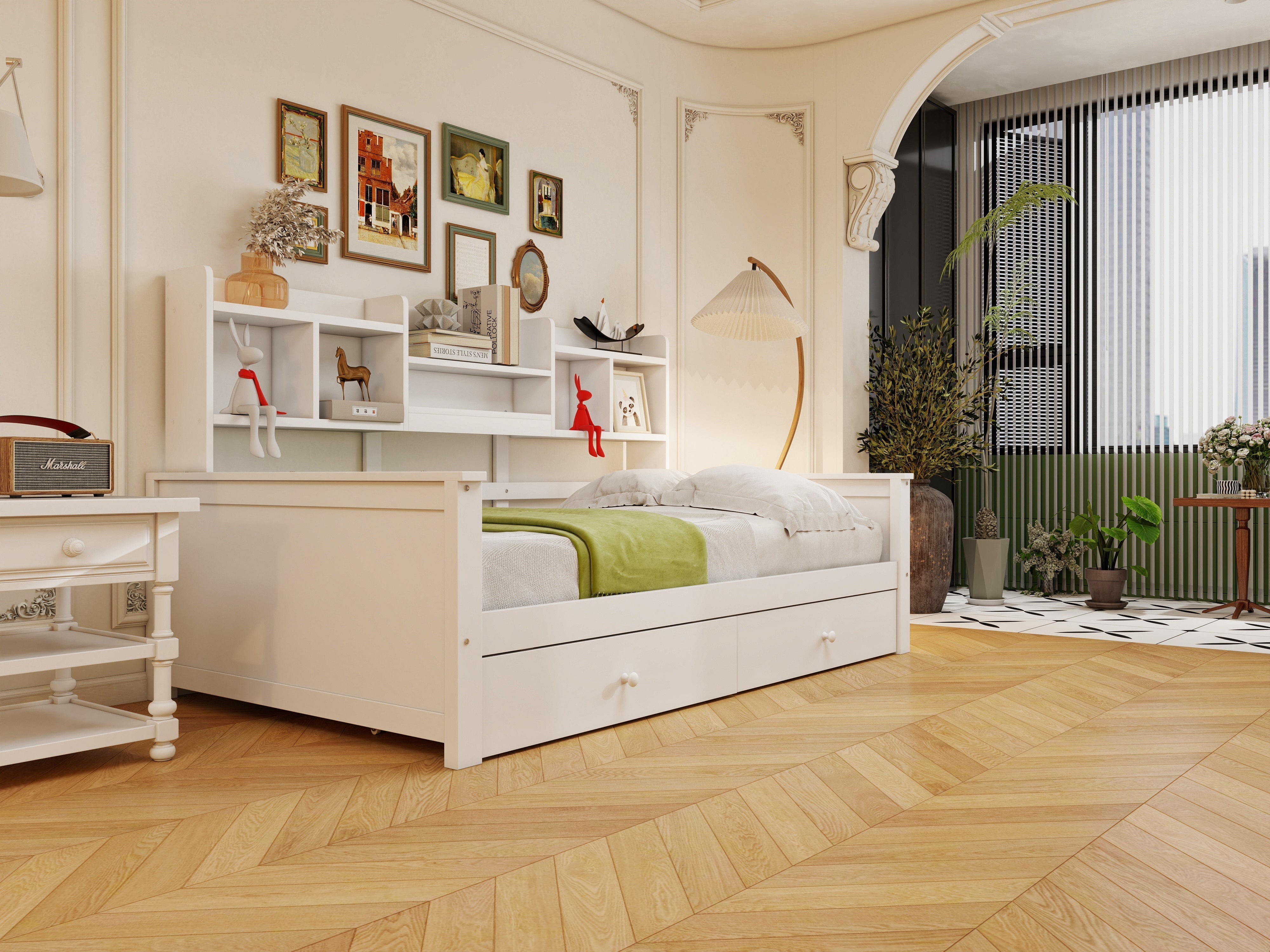 Solid Wood Sofa Bed 90x200 Storage Drawers Shelves White