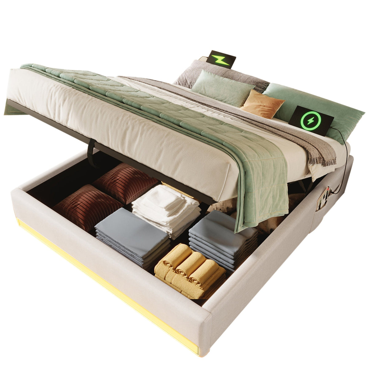 Upholstered Bed 140x200cm Hydraulic Storage LED USB/Type-C Pockets - Beige