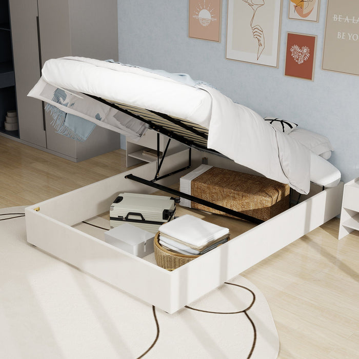 Bed Frame Modern Minimalist 160x200cm Gas Lift Storage - Beige Dutch Velvet