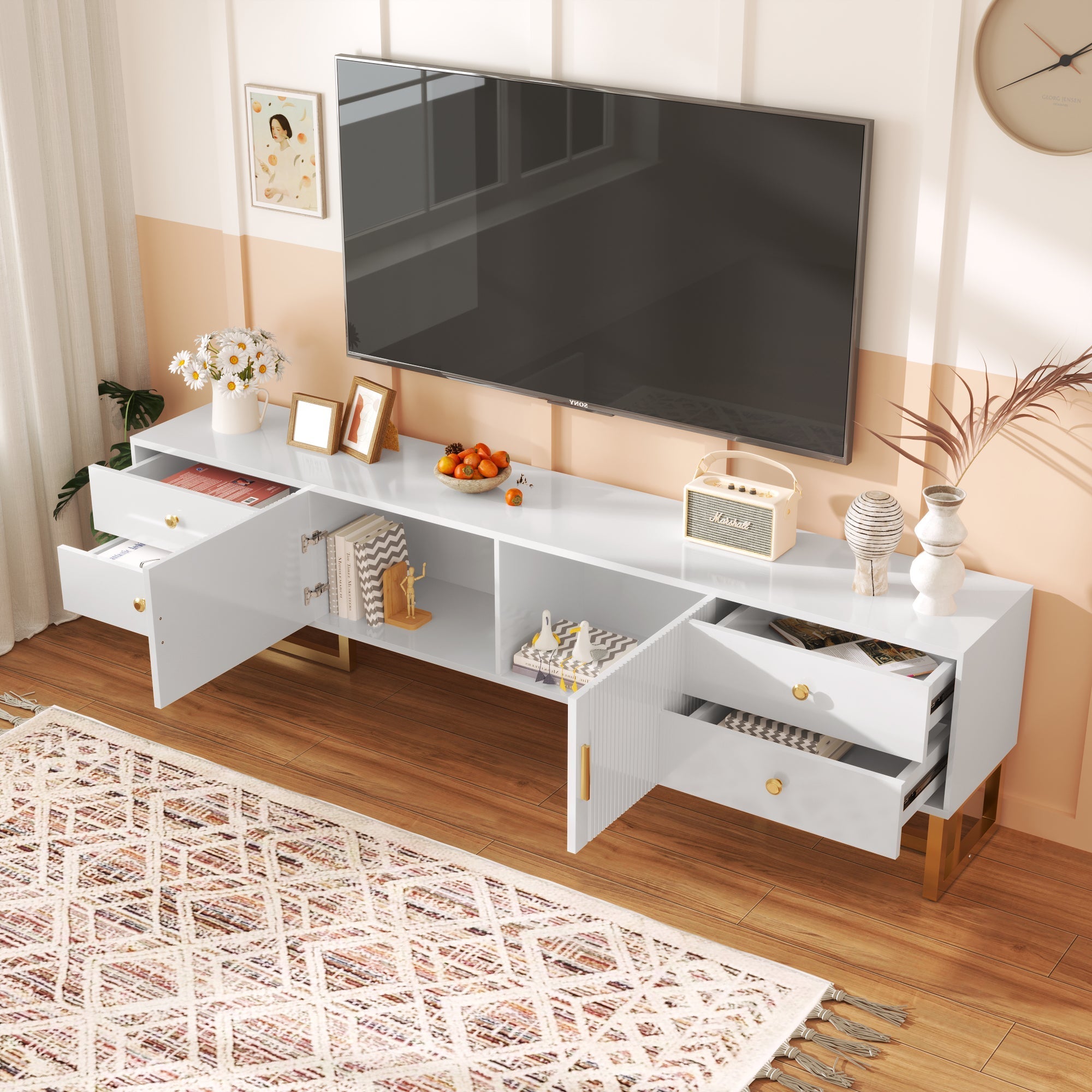 TV Cabinet, Low Panel with Textured Door & Drawers, Gold Handles & Feet