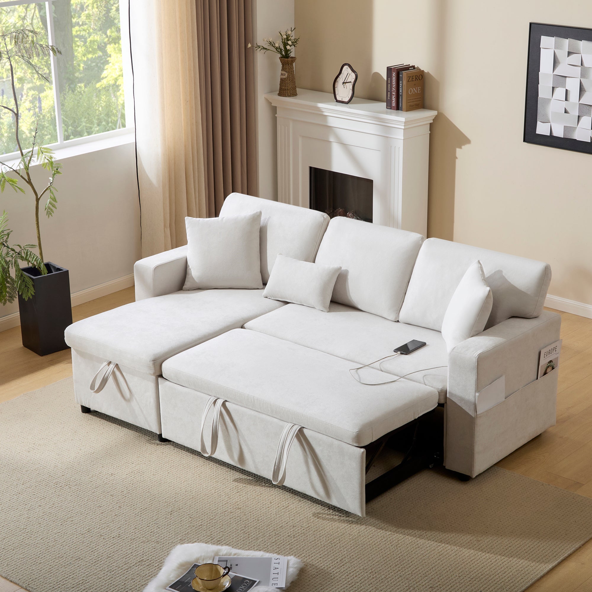 Corner Sofa Bed L-Shape Extendable Storage & Shelf - Beige