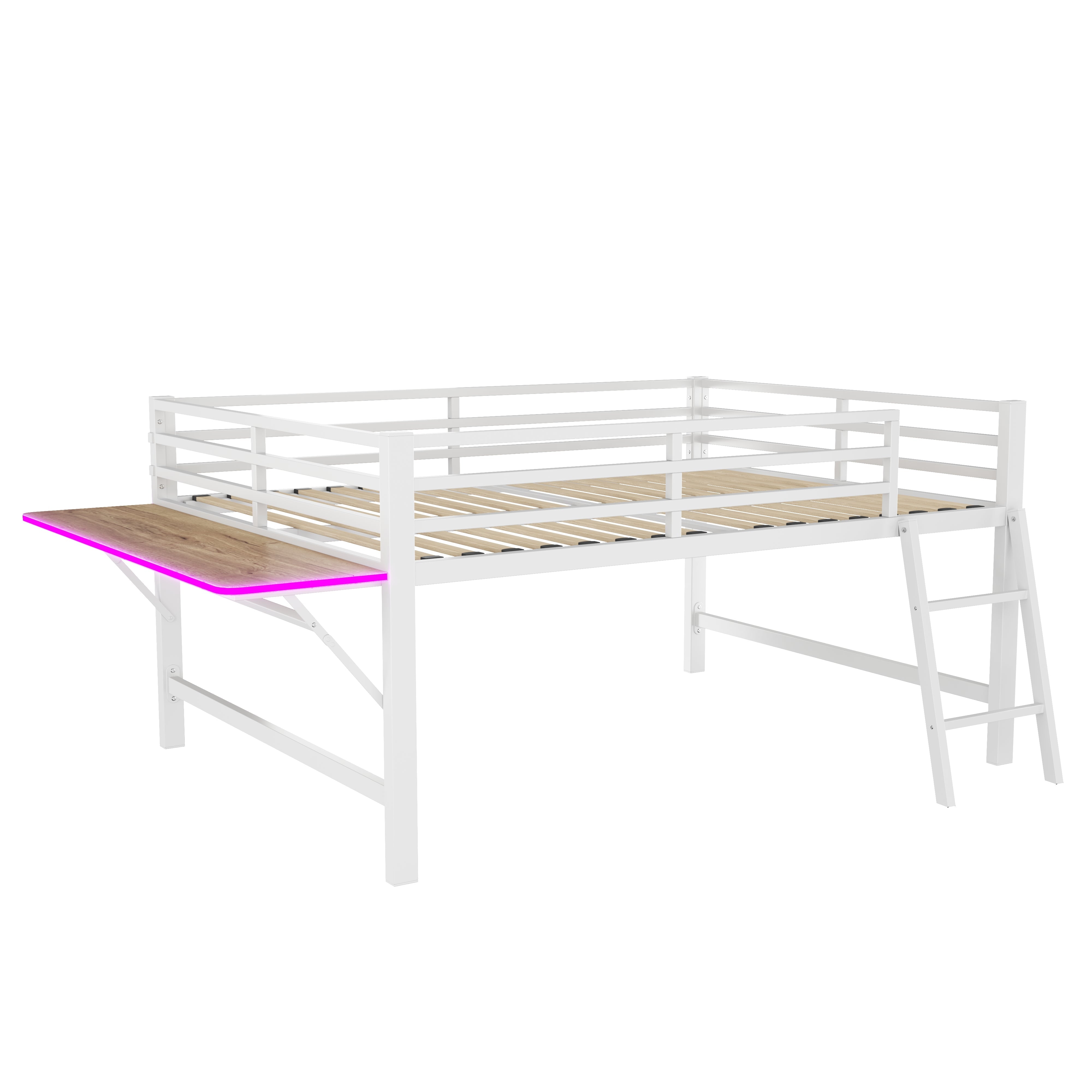 Flatbed Metal Bed 140x200cm Desk Ladder Railing Remote LED Strip White