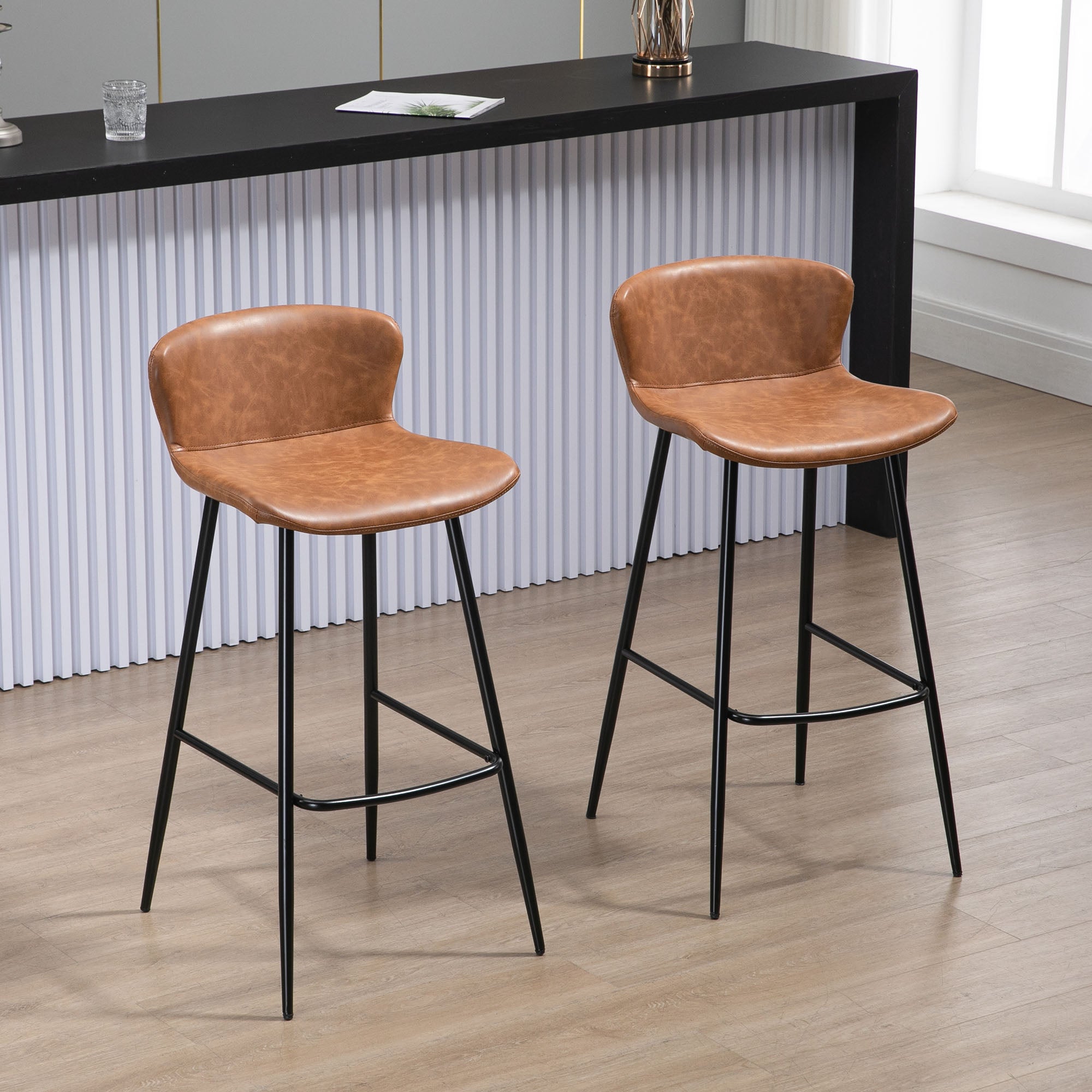 Bar Stools Set of 2, Upholstered with Backs, Steel Legs, PU Leather Brown