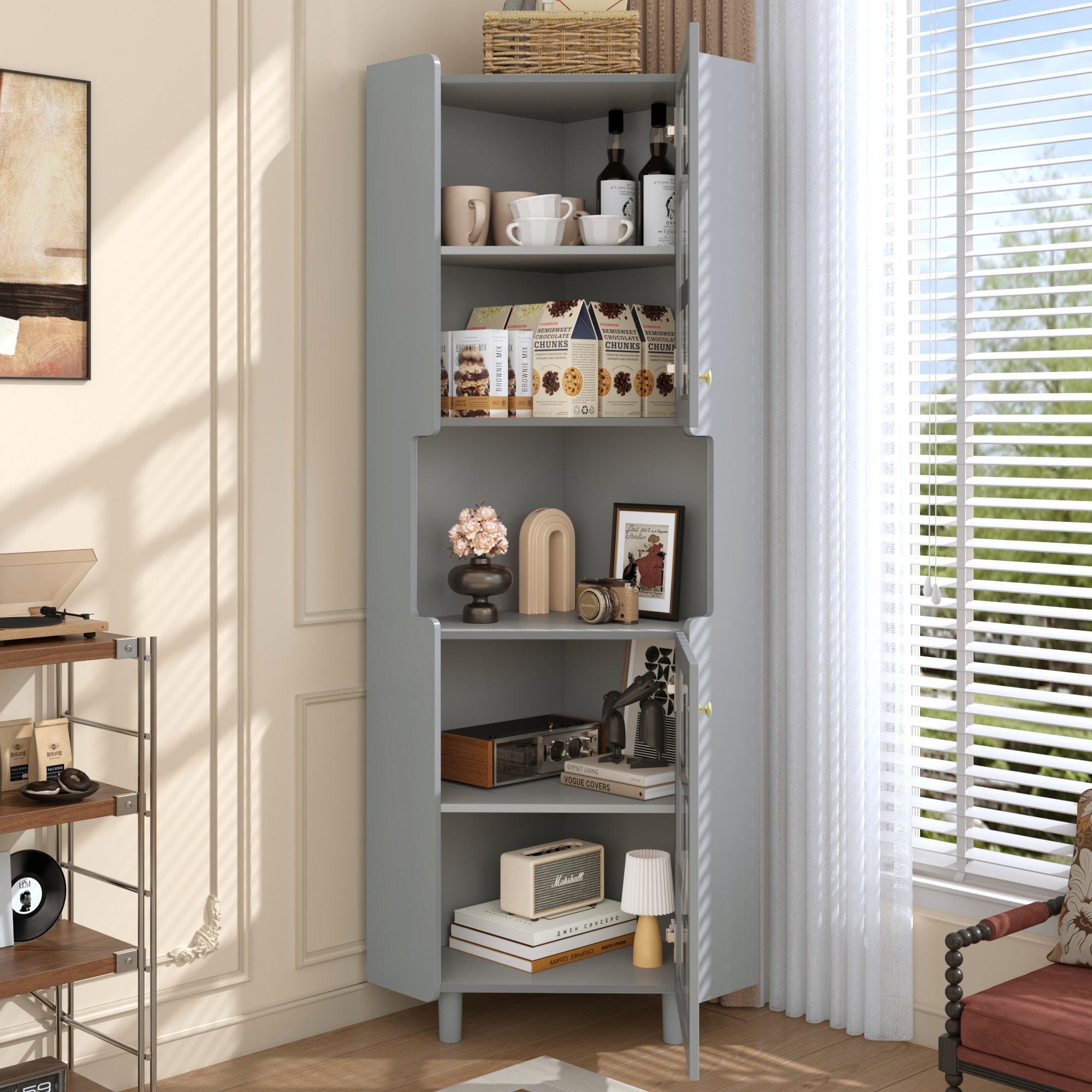 Corner Cabinet Multifunctional Storage LED Lacquer - Grey