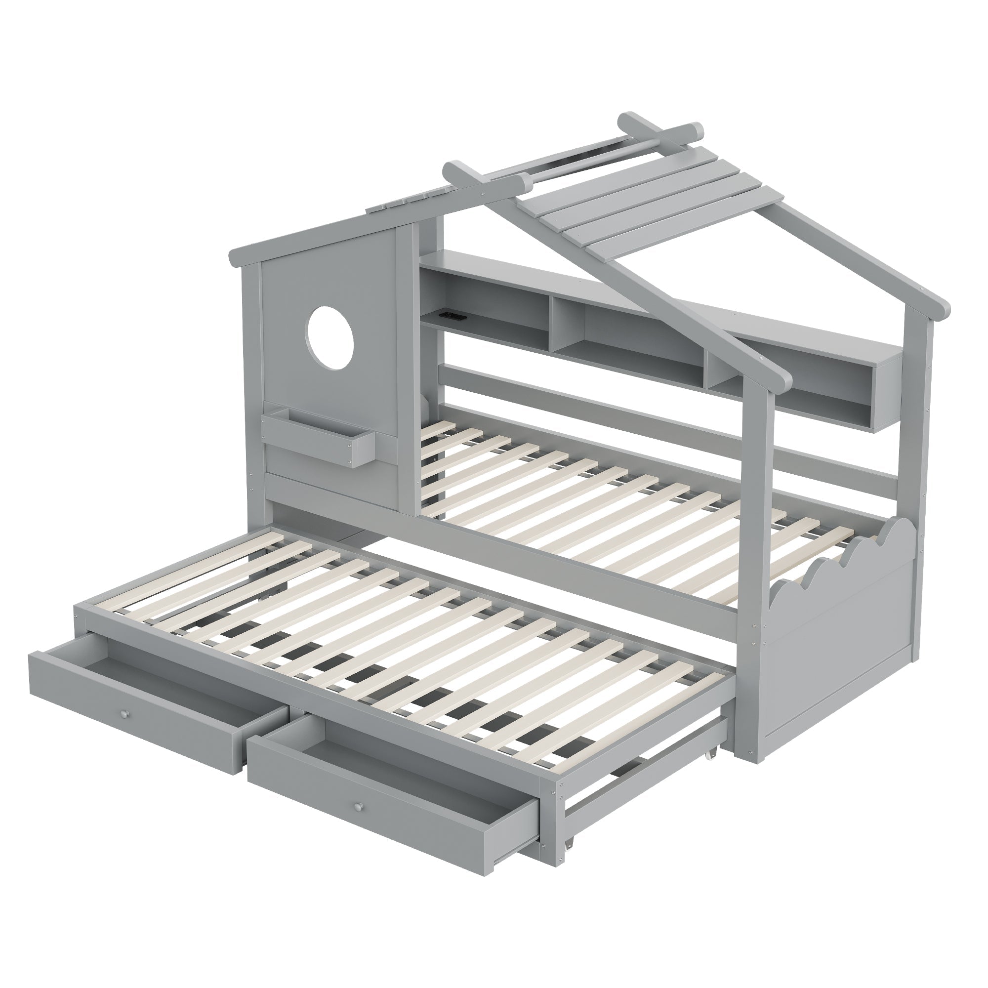 Children's Bed with Pull-out Bed, House Design, Two Drawers, LED and USB, 90x200cm, Grey