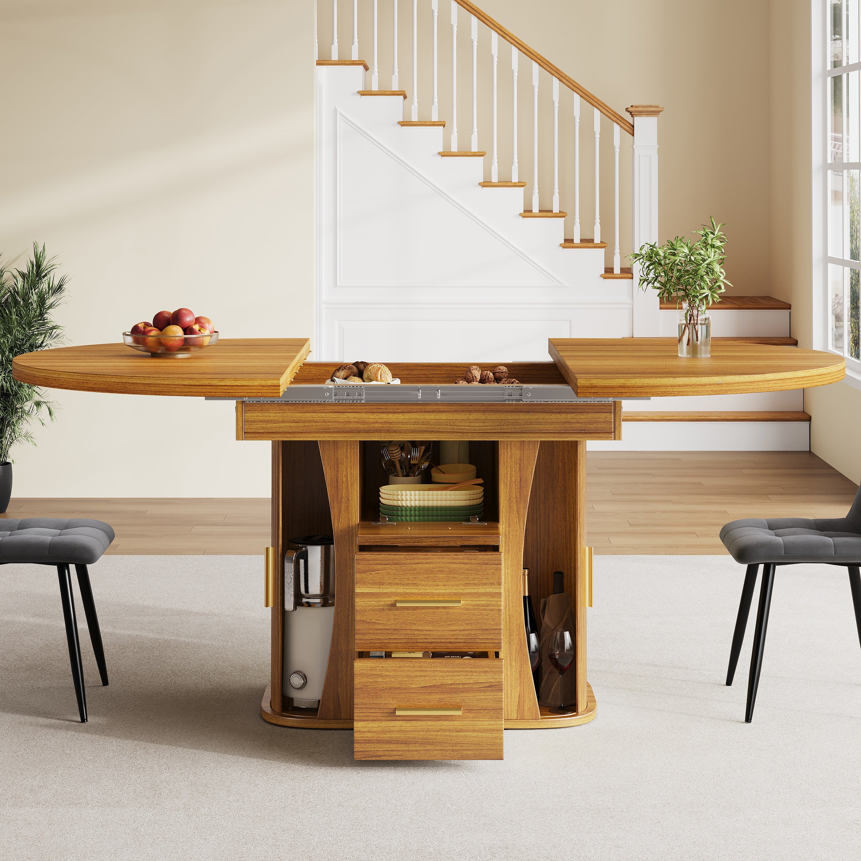 Round Dining Table to Oval with Three-Tier Storage, 118-158 cm, Walnut