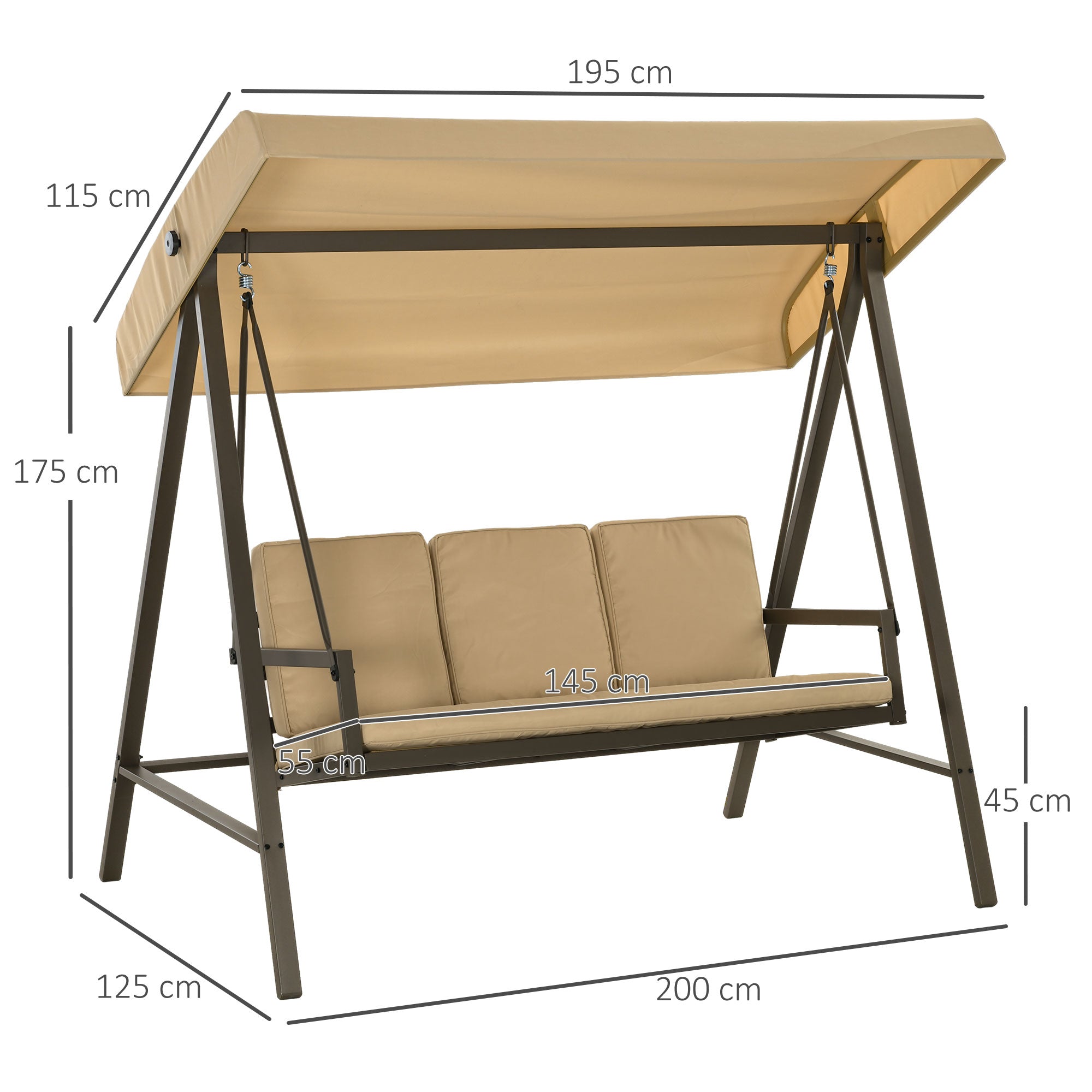 Hollywood Swing Set 3-Seater Adjustable Canopy Back Cushions 360 kg Beige