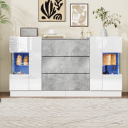 Sideboard, 2 Doors 3 Drawers LED Lighting, High-Gloss White & Grey Marble
