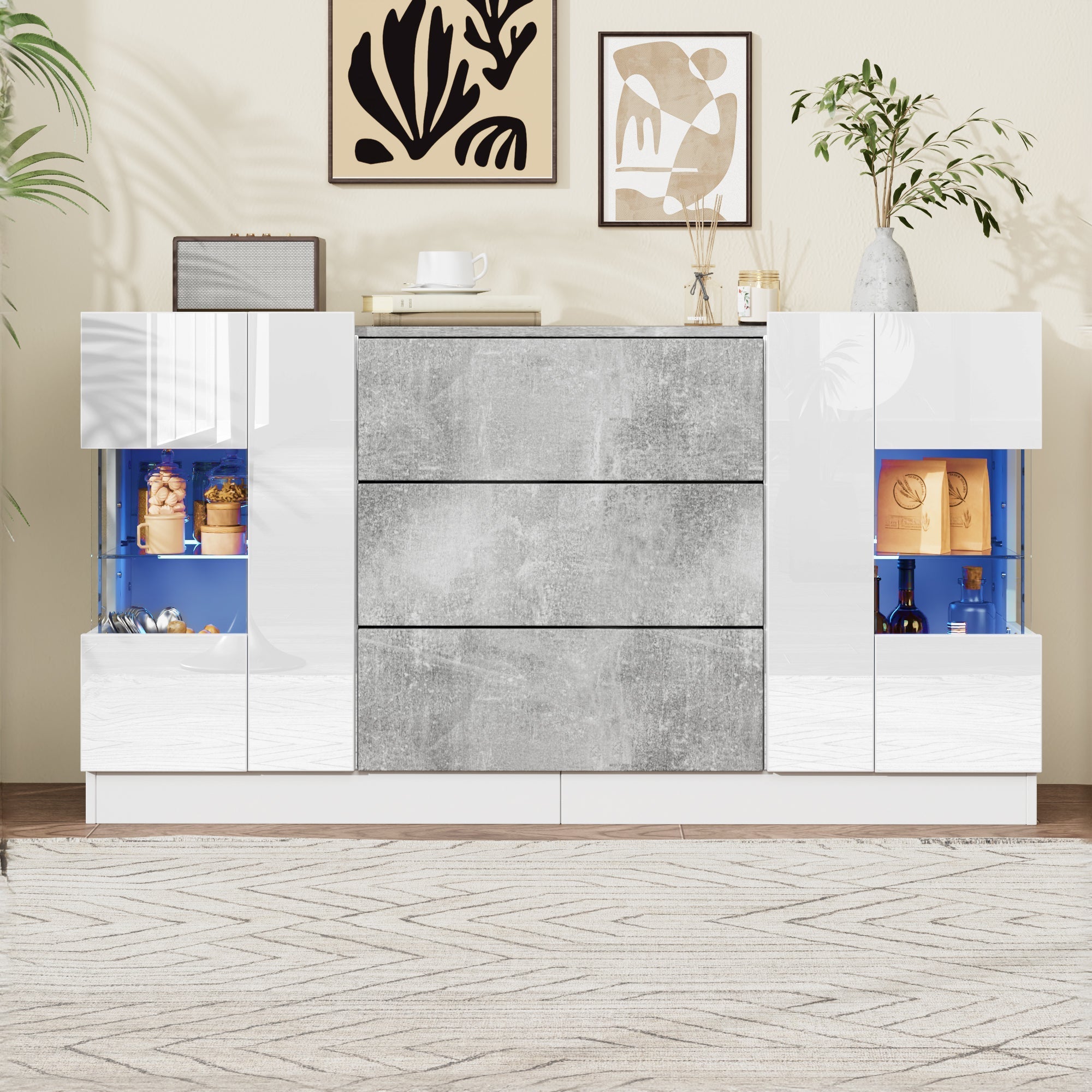 Sideboard, 2 Doors 3 Drawers LED Lighting, High-Gloss White & Grey Marble