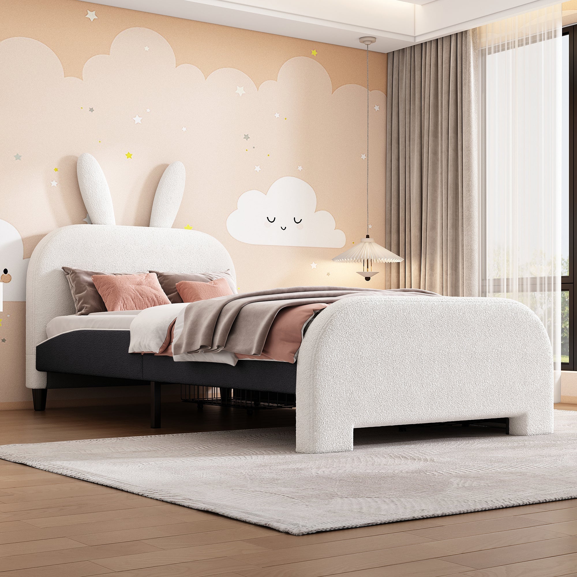 Flat Bed 90x200cm Padded Rabbit Shape 2 Drawers - White