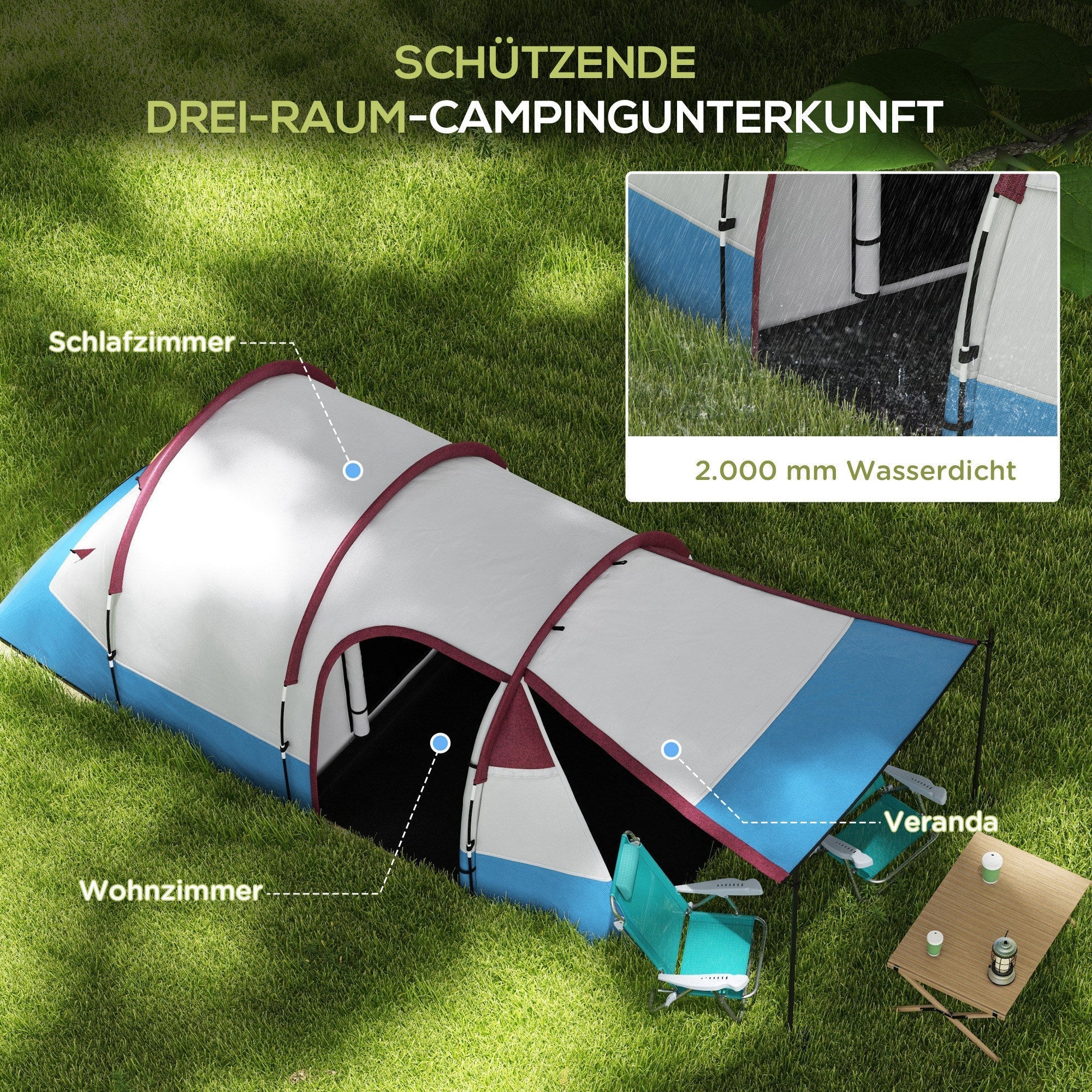 Campingzelt, 3-Personen-Tunnelzelt, Lichthaken & 2 Räume, Rot