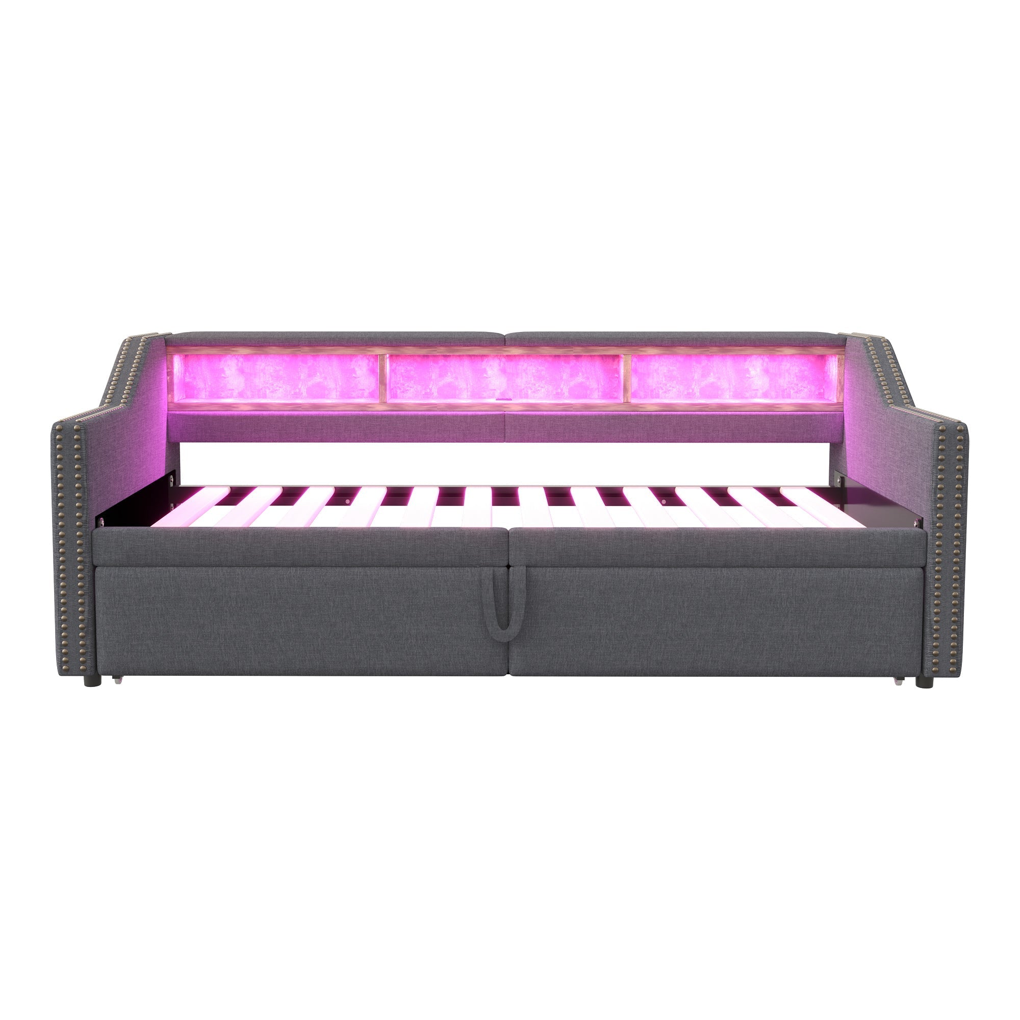 Upholstered Bed, Pull-Out Sofa Bed with Storage, LED Light, USB Port, Slatted Frame, Dark Grey