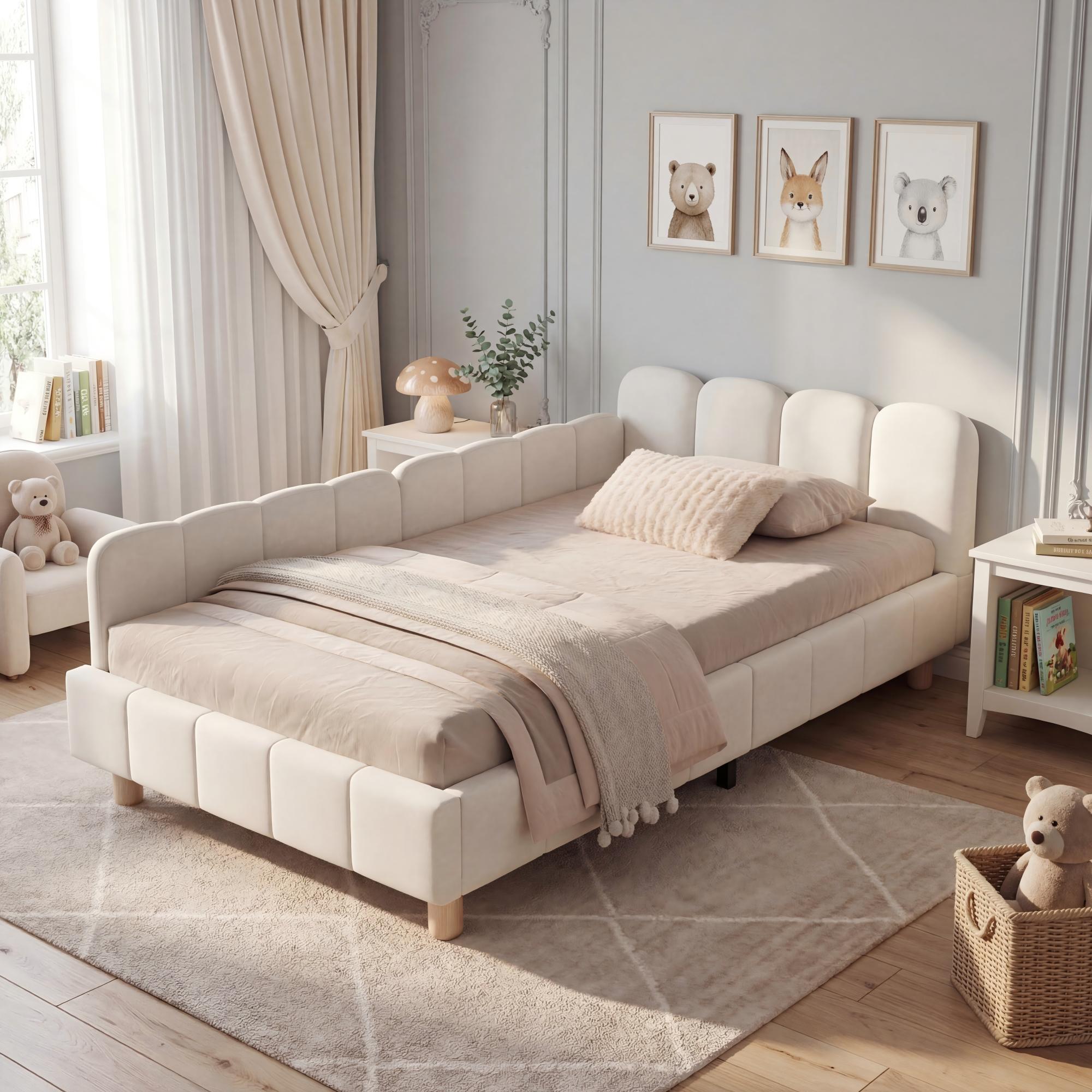 Upholstered Children's Single Bed with Headboard and Safety Rail, 90x200cm, Beige Velvet