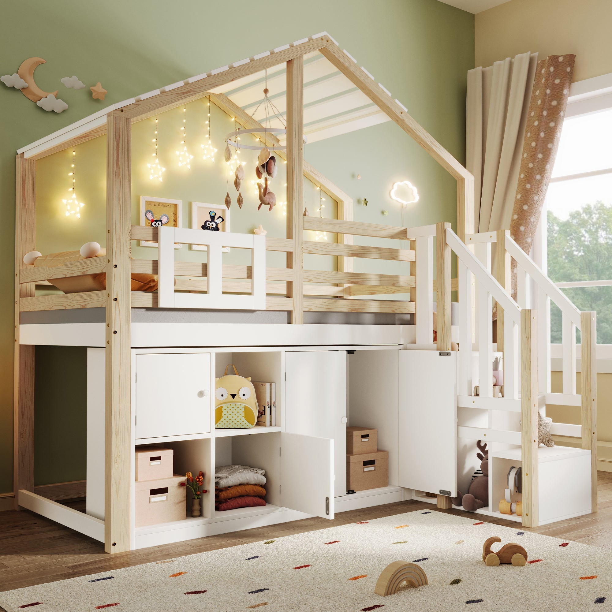 Loft Bed 90x200cm House Design Storage Ladder Lockers - White/Natural