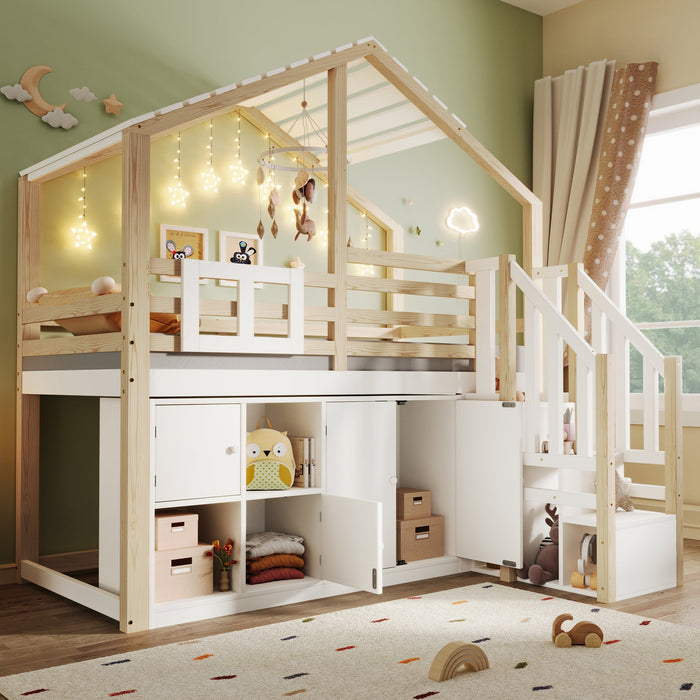 Loft Bed 90x200cm House Design Storage Ladder Lockers - White/Natural