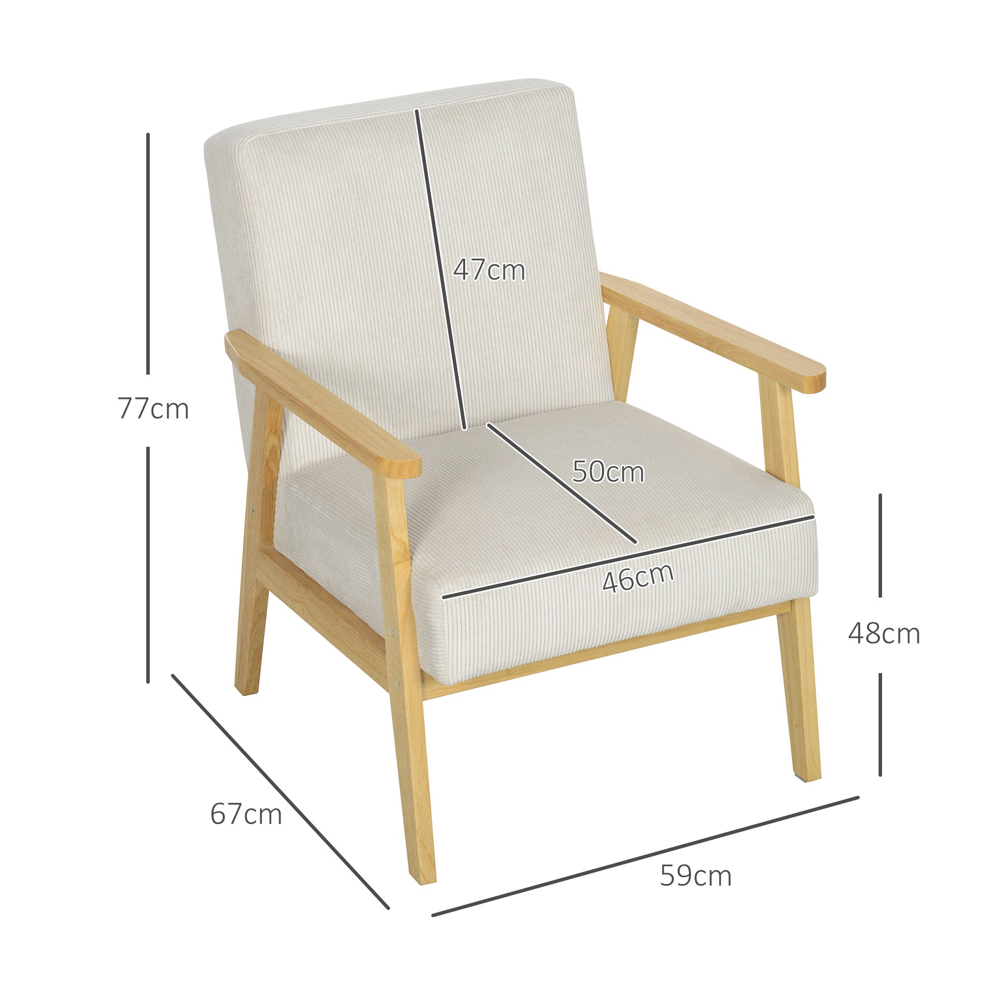 Armchair Lounge Chair, Wooden Legs, Upholstered, Cream White