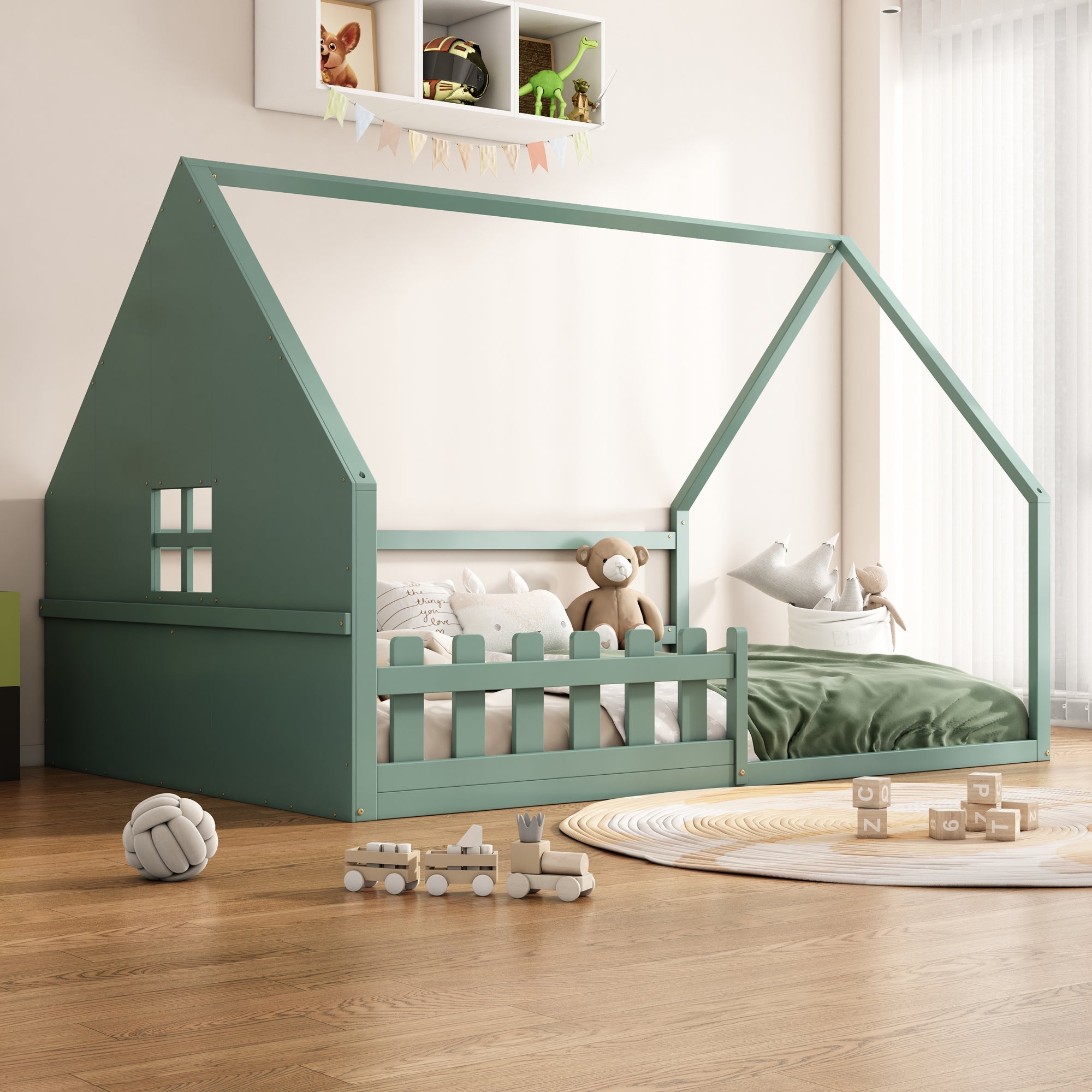Flatbed 140x200cm House Rail Railing Pine Wood - Green