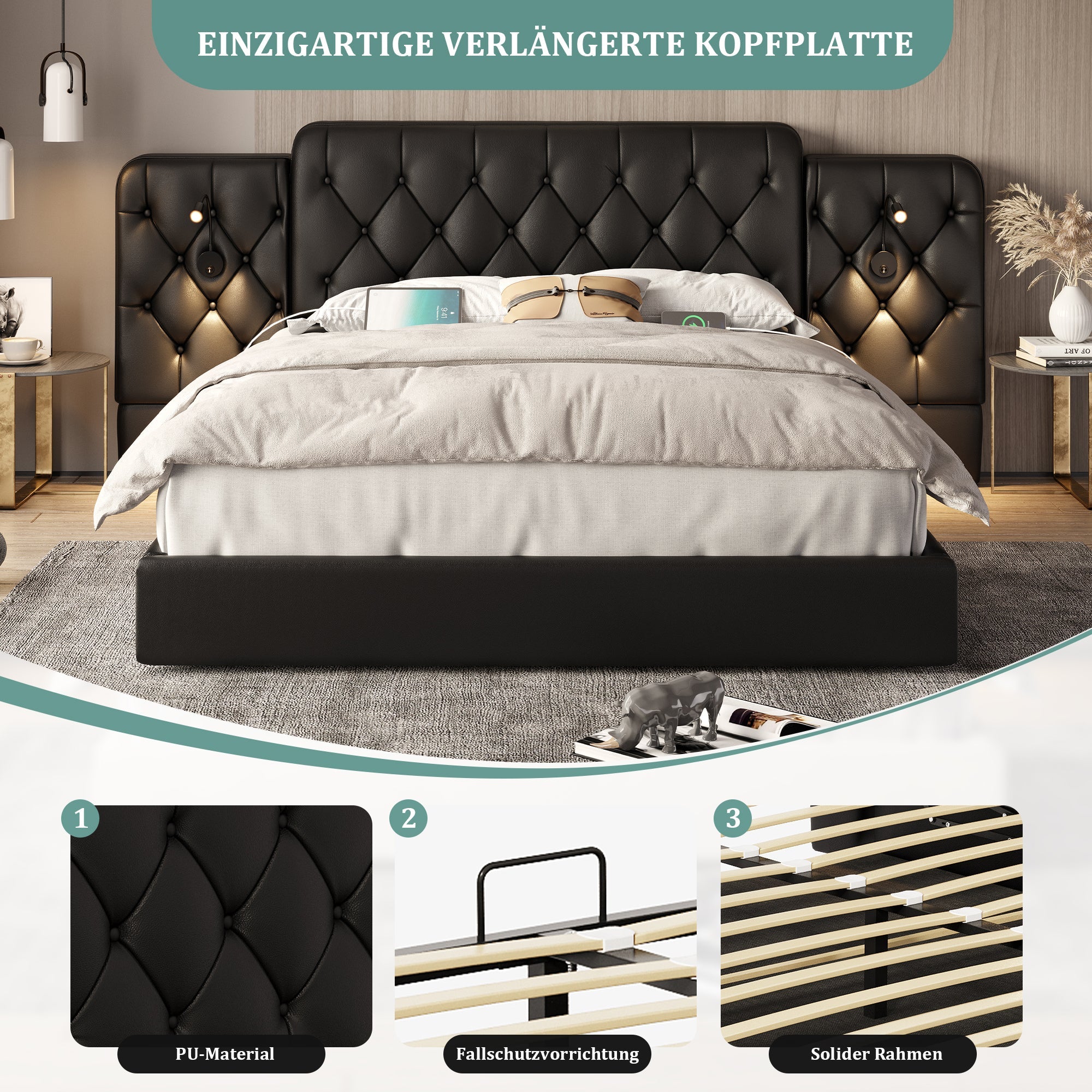 Bed Frame with Long Headboard, USB, Desk Lamp, Hydraulic Storage, 180x200cm - Black Velvet