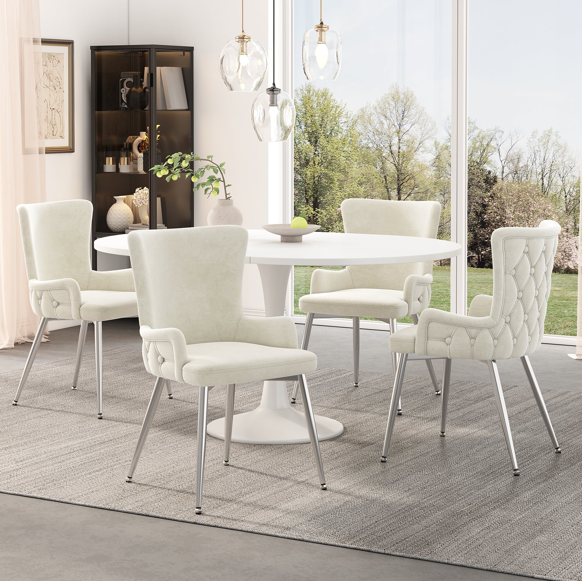 Velvet Dining Chair, Set of 6 Luxurious Lounge Chairs with Silver Metal Legs, Beige