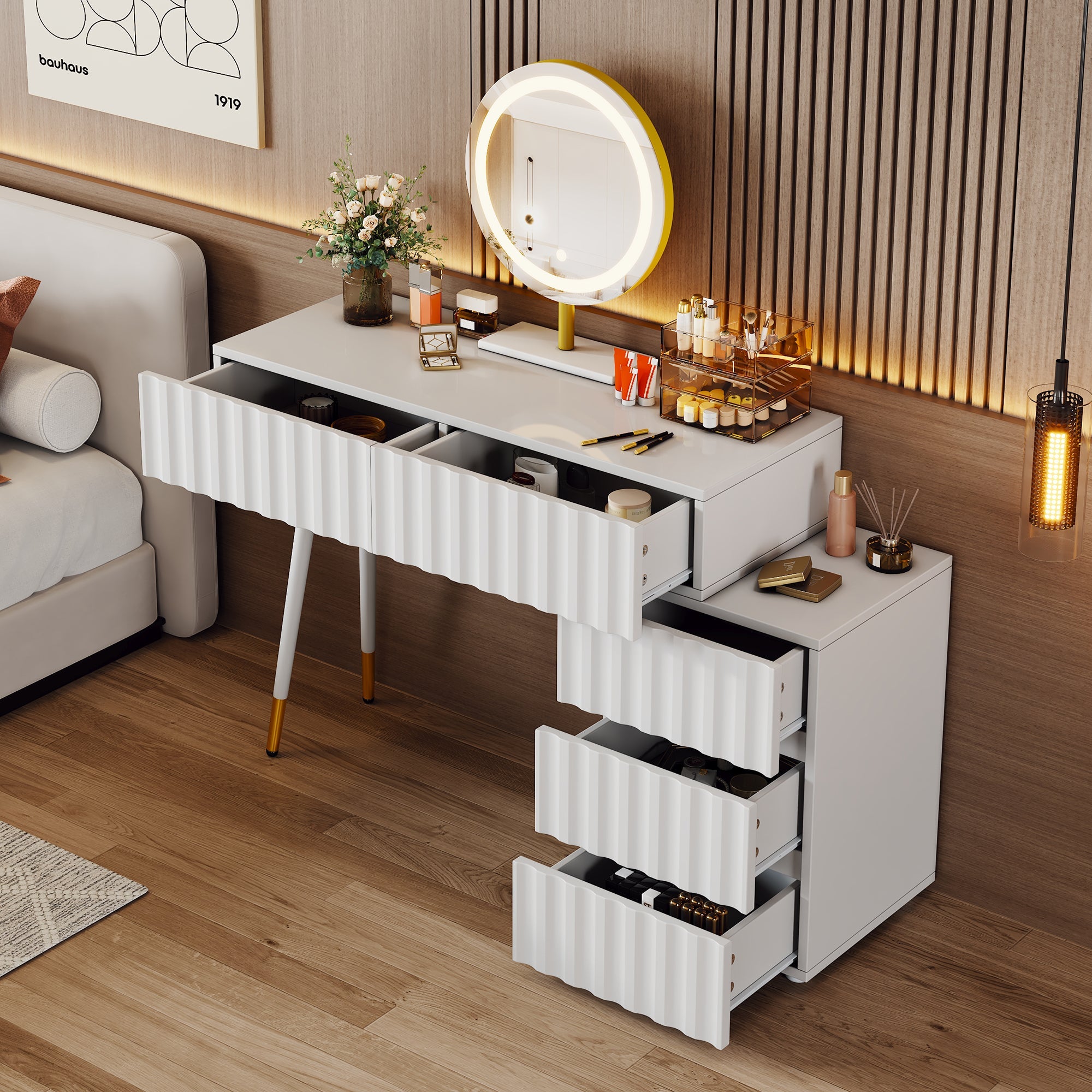 Dressing table with LED mirror and lighting, 5 spacious drawers, white