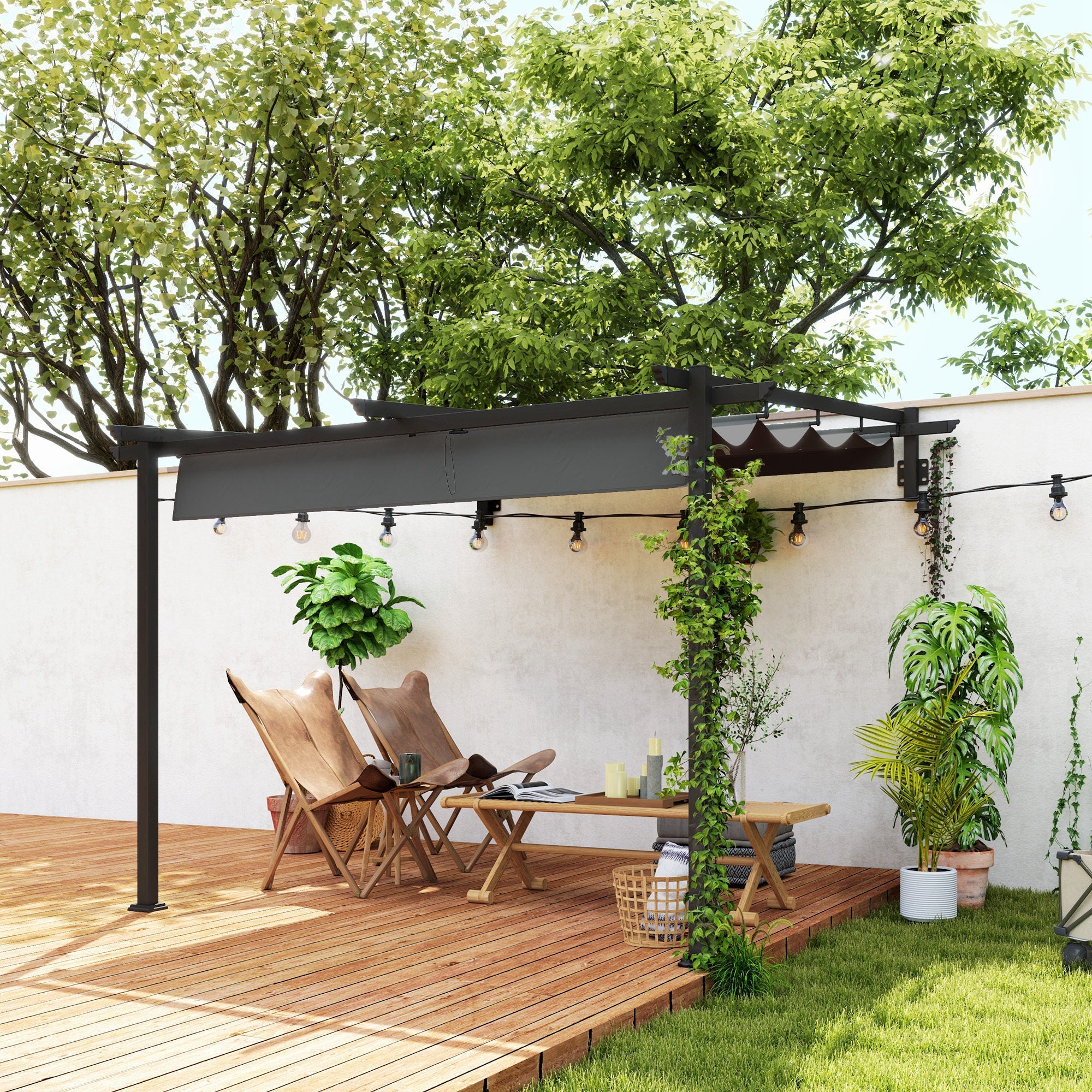 Patio Roof Pergola, Wall Mounted Adjustable 3x3m, Aluminum Dark Grey