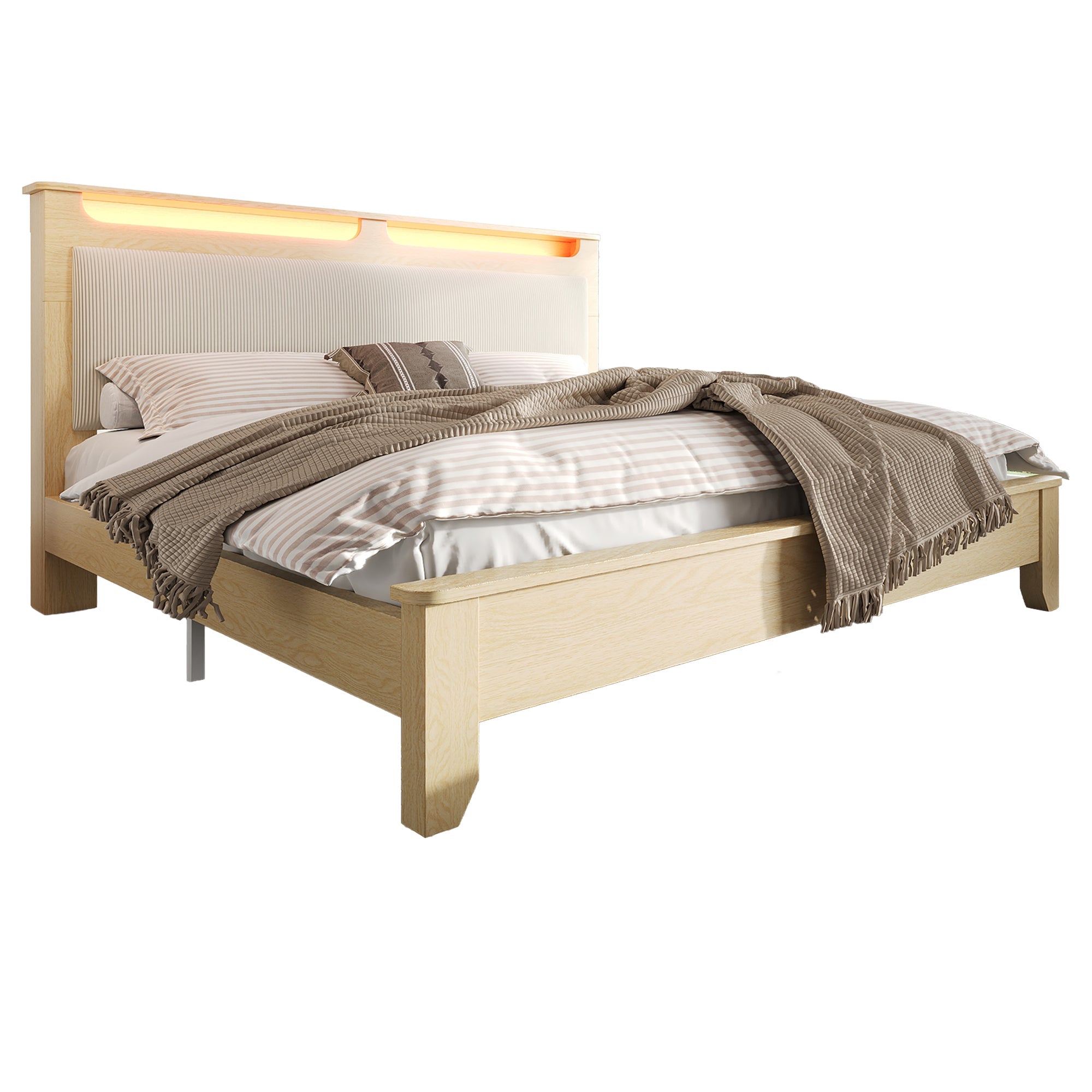 Double Wooden Bed, 160x200cm LED Headboard with Storage, Light Oak