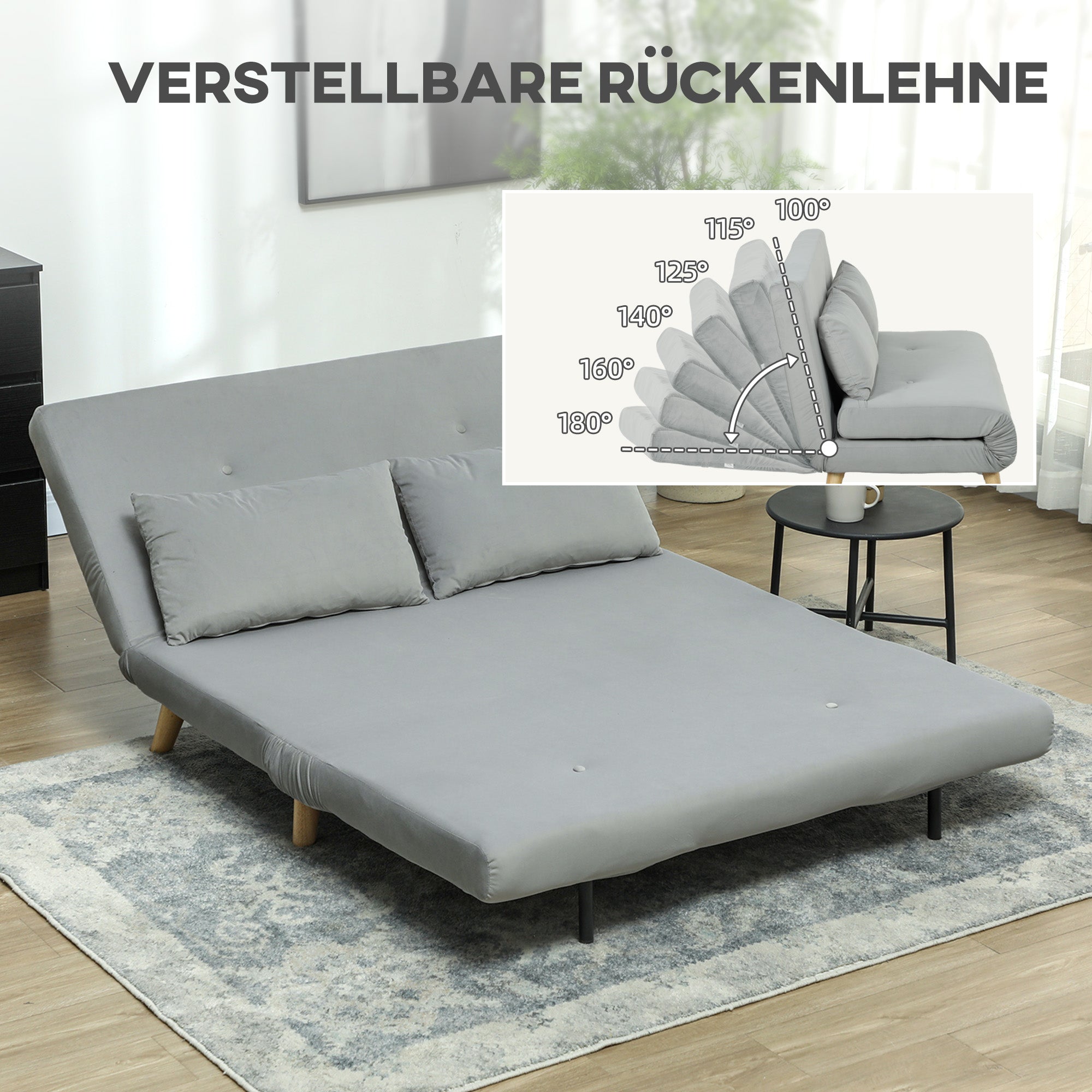 Recliner chair, folding bed with bed function, lumbar cushion, adjustable, up to 250 kg, gray velvet