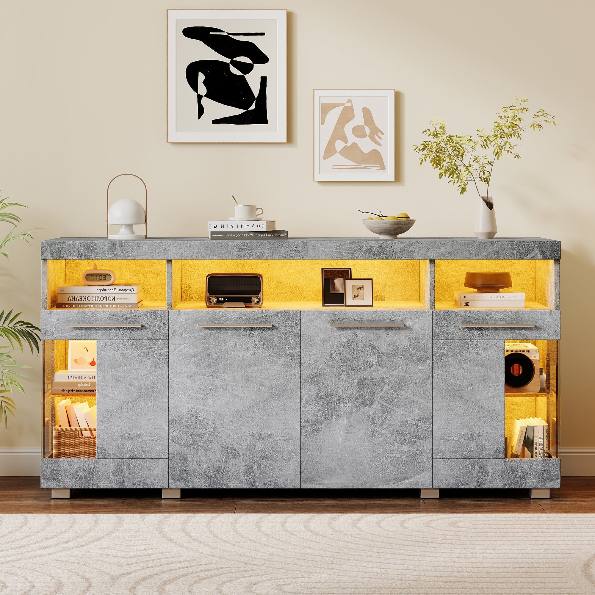 Sideboard Cabinet High-Gloss LED Light Tempered Glass 3 Compartments, Cement-colored