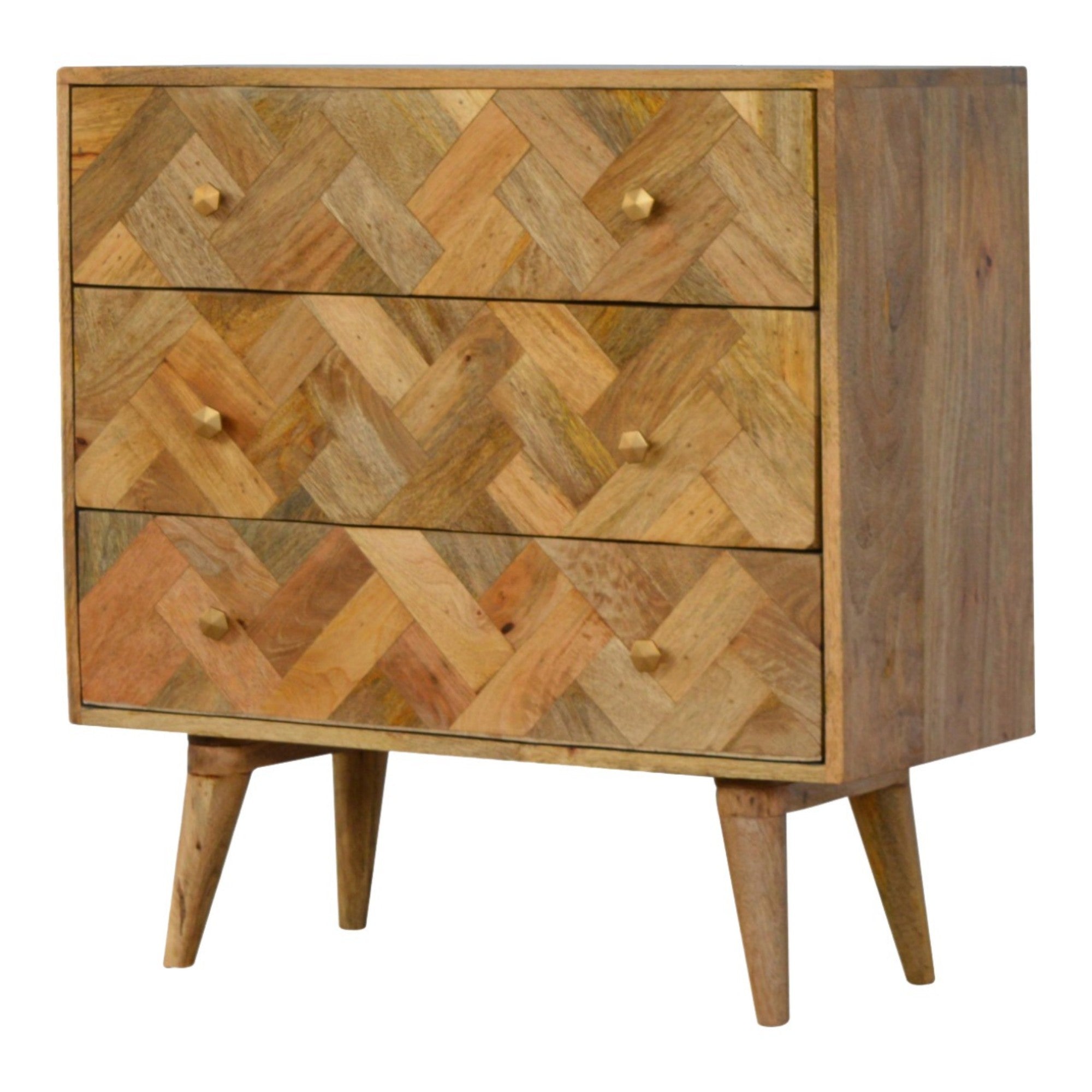 Solid Wood Chest, Zig-Zag Patchwork 3-Drawer, Light Brown