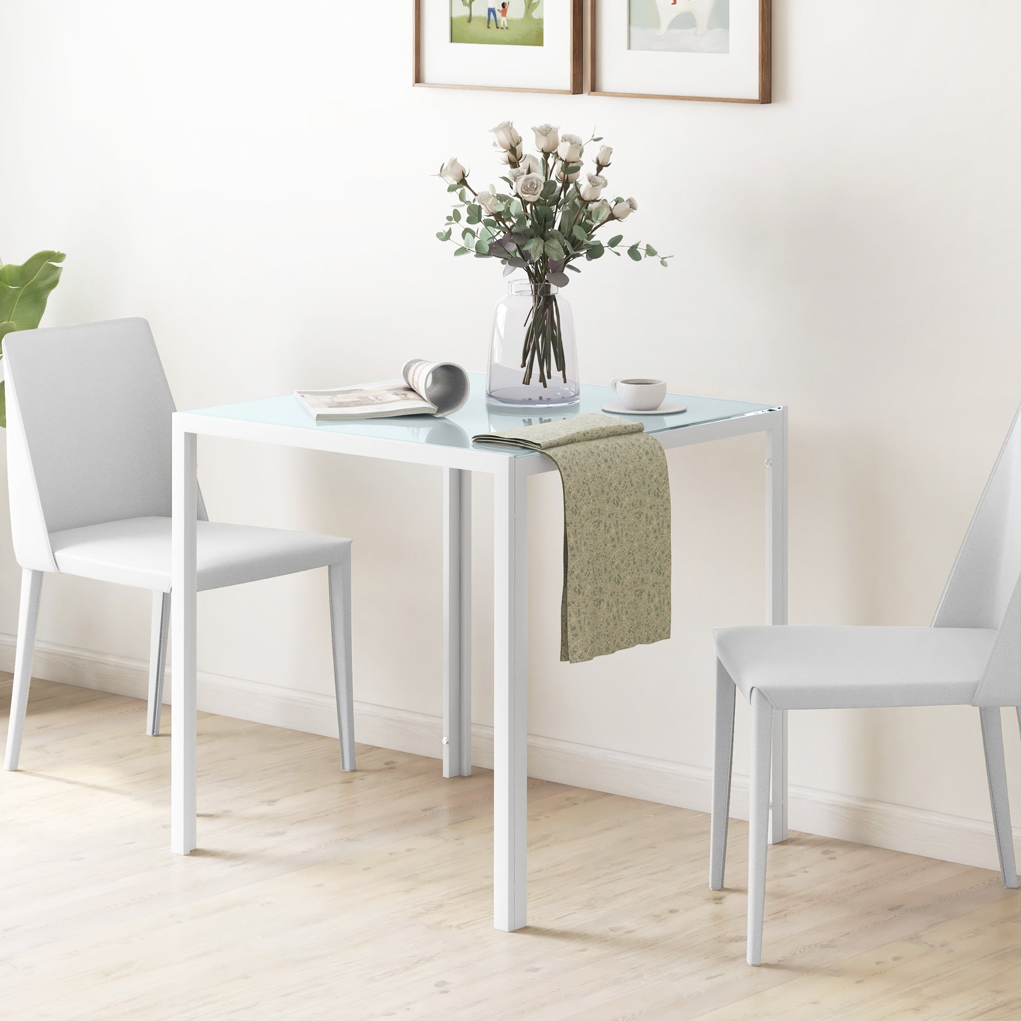 Square Dining Table 4 People Tempered Glass, White