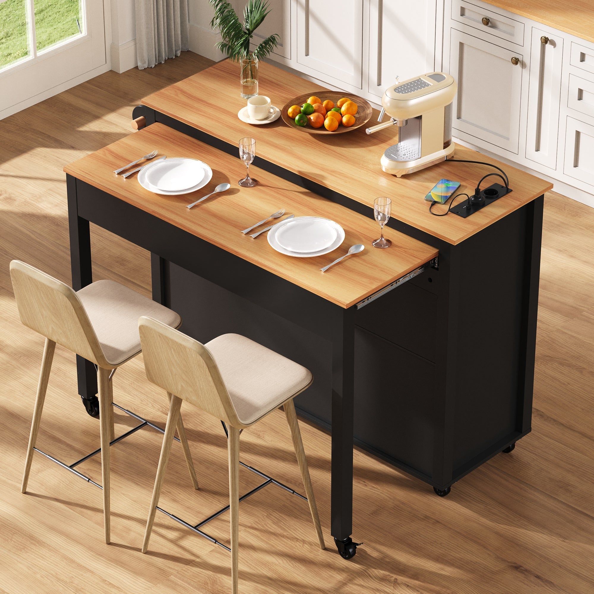 Kitchen Island Mobile Extendable Dining Worktop Waste Bin Power Strips - Black