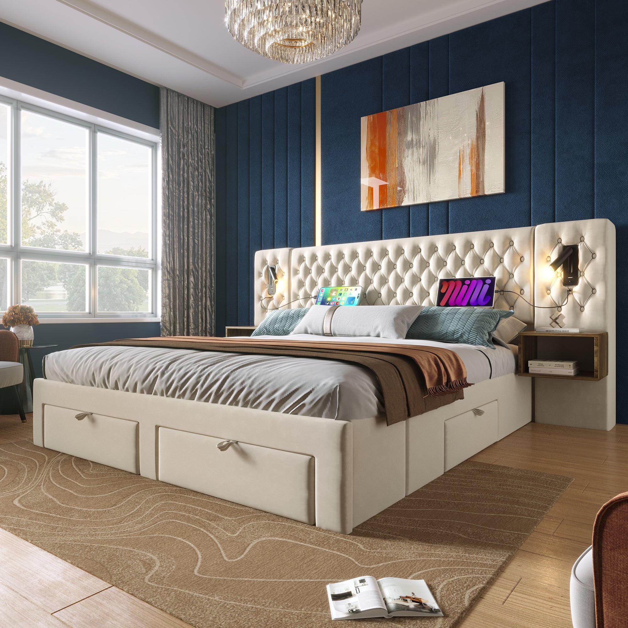 Complete Bedroom Bed Set with 180x200cm Double Bed, 2 Bedside Tables, 4 Drawers and USB Reading Light, Beige Velvet