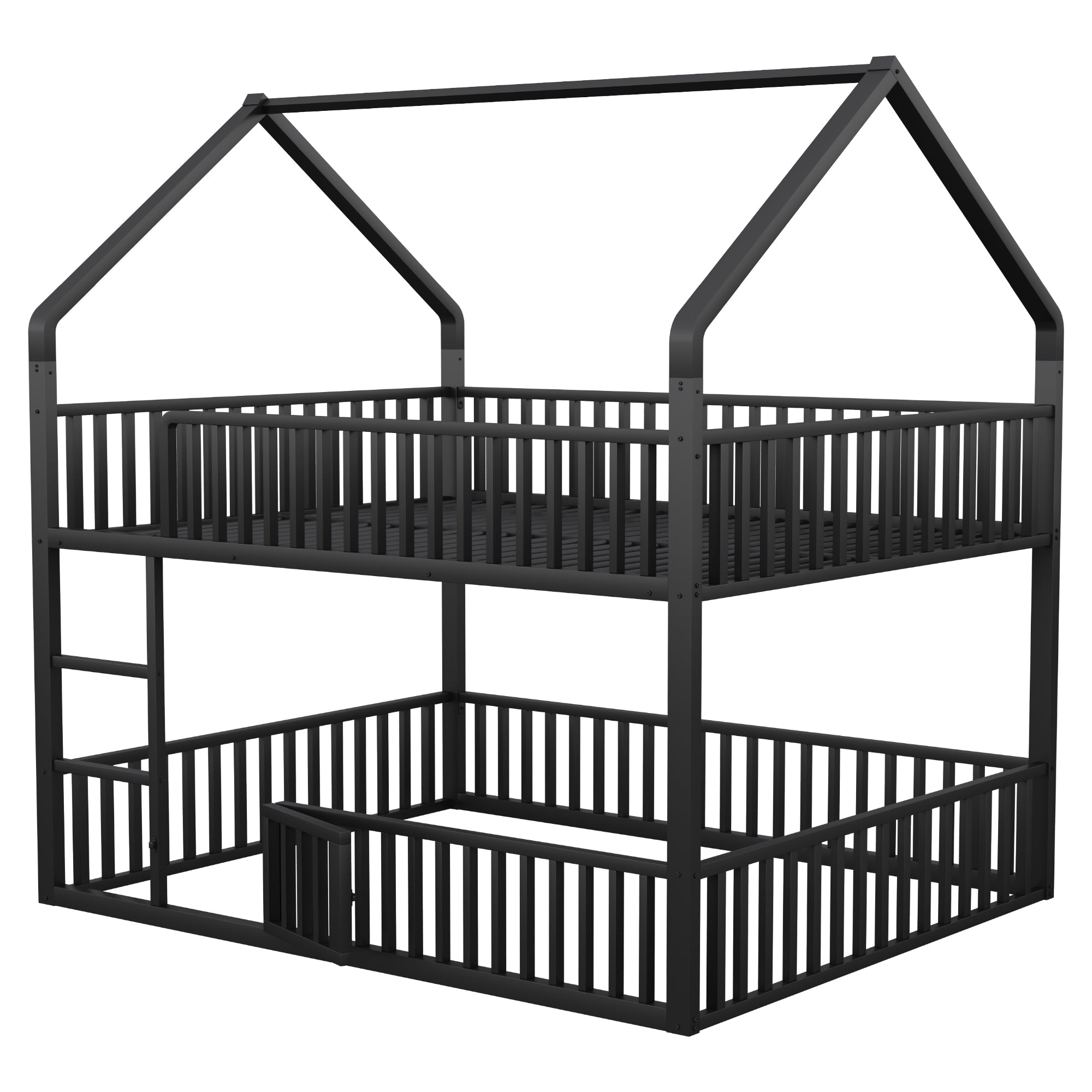 Bunk Bed, Loft Design with Stairs & Door, Black Metal