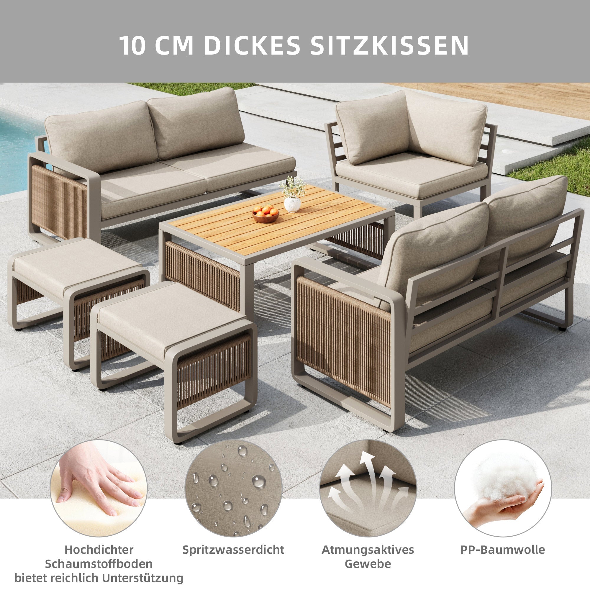 Garden Lounge Chair Set for 6-7 People, Weatherproof Corner Sofa and Lounger, Handwoven Rope and Iron, Beige