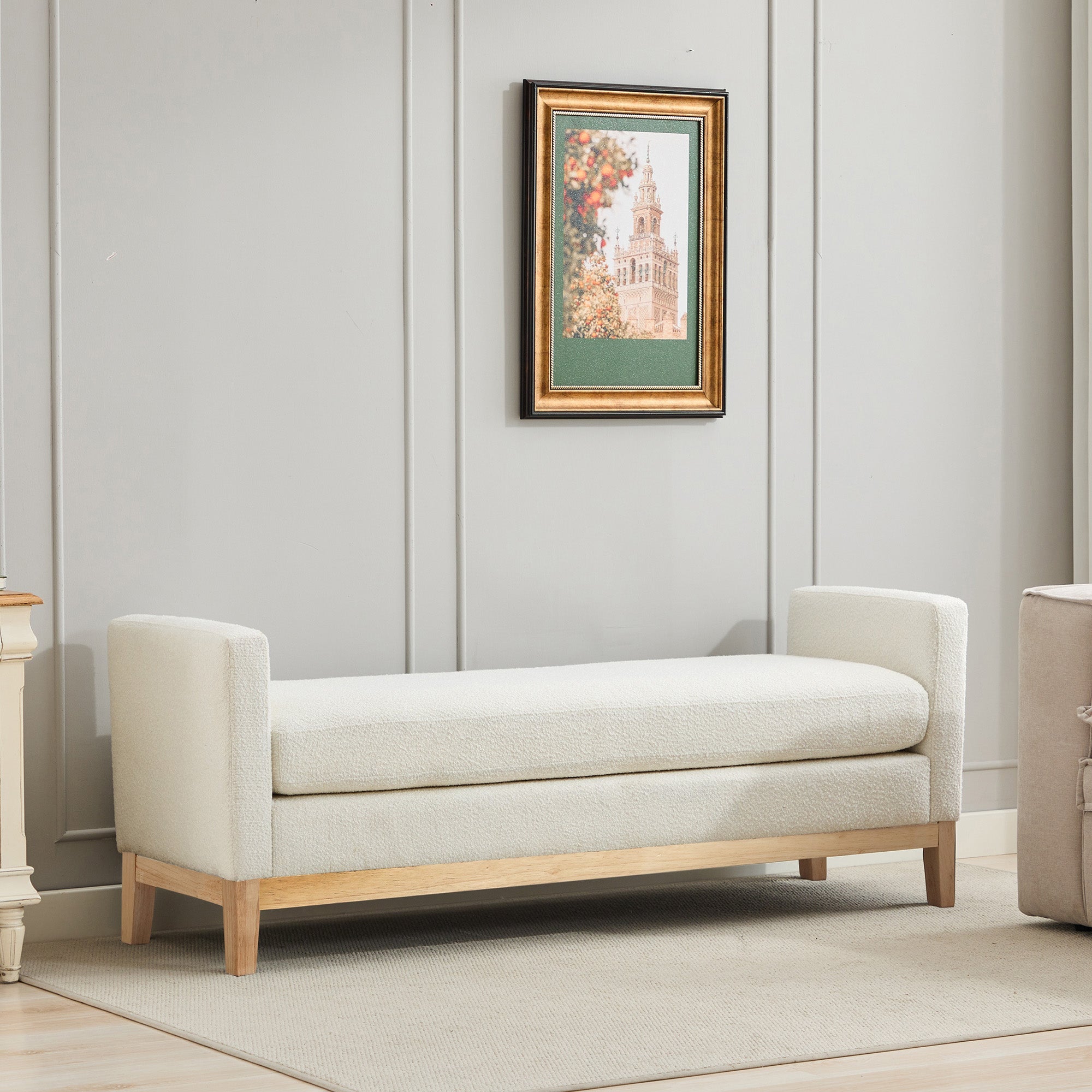 Elegant Upholstered Bench, Daybed Ottoman with Wood Legs and 2 Bolster Pillows, Ivory Boucle