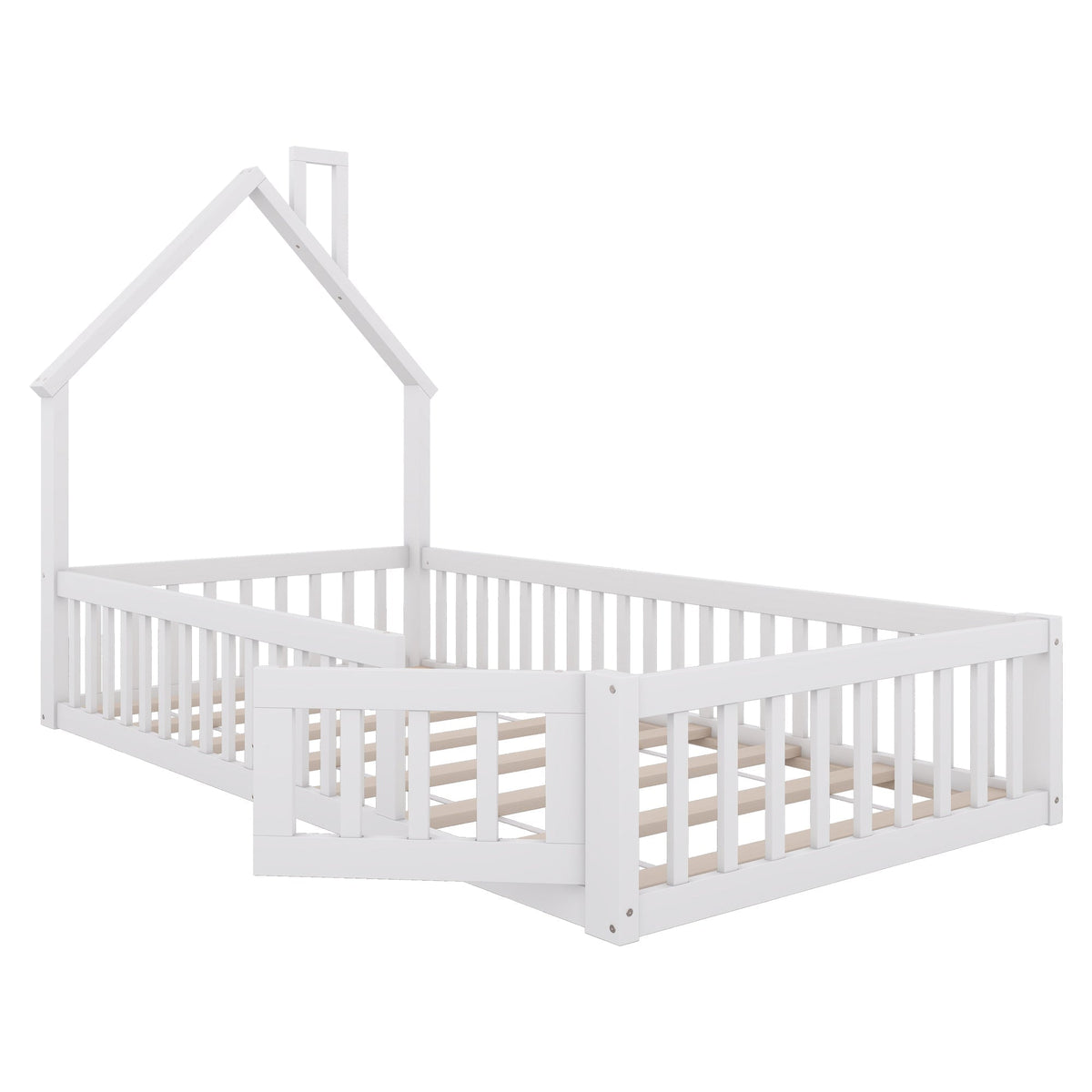 House Bed 90x200cm Chimney Slatted Base - White Pine Wood