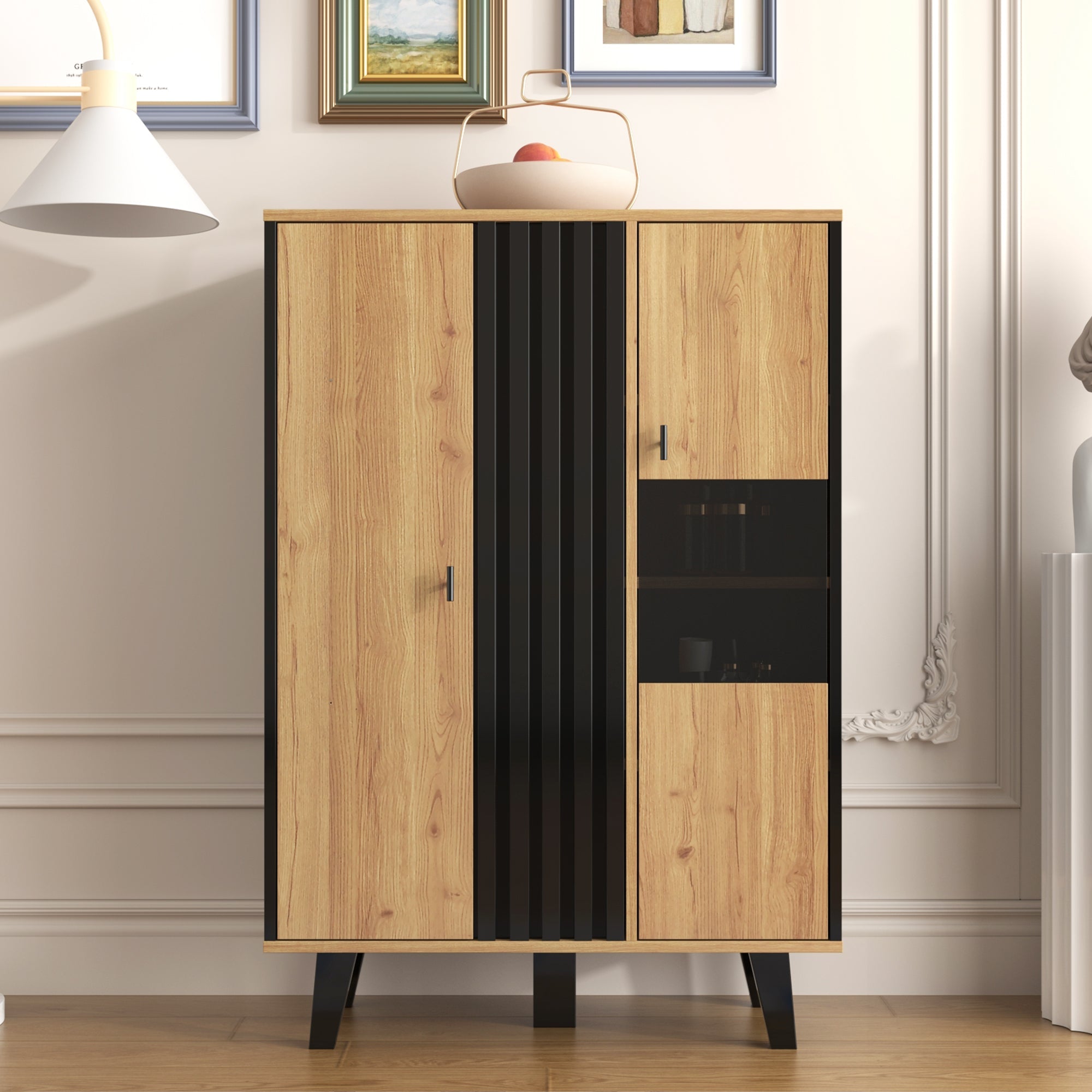 Sideboard, Display Cabinet with Glass and LED Lighting, Black and Wood