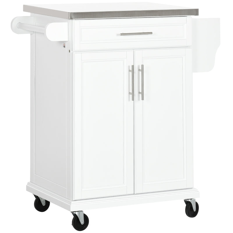 Wooden Kitchen Island Serving Cart Storage Trolley with Stainless Steel Top, Drawer, and Rack, White
