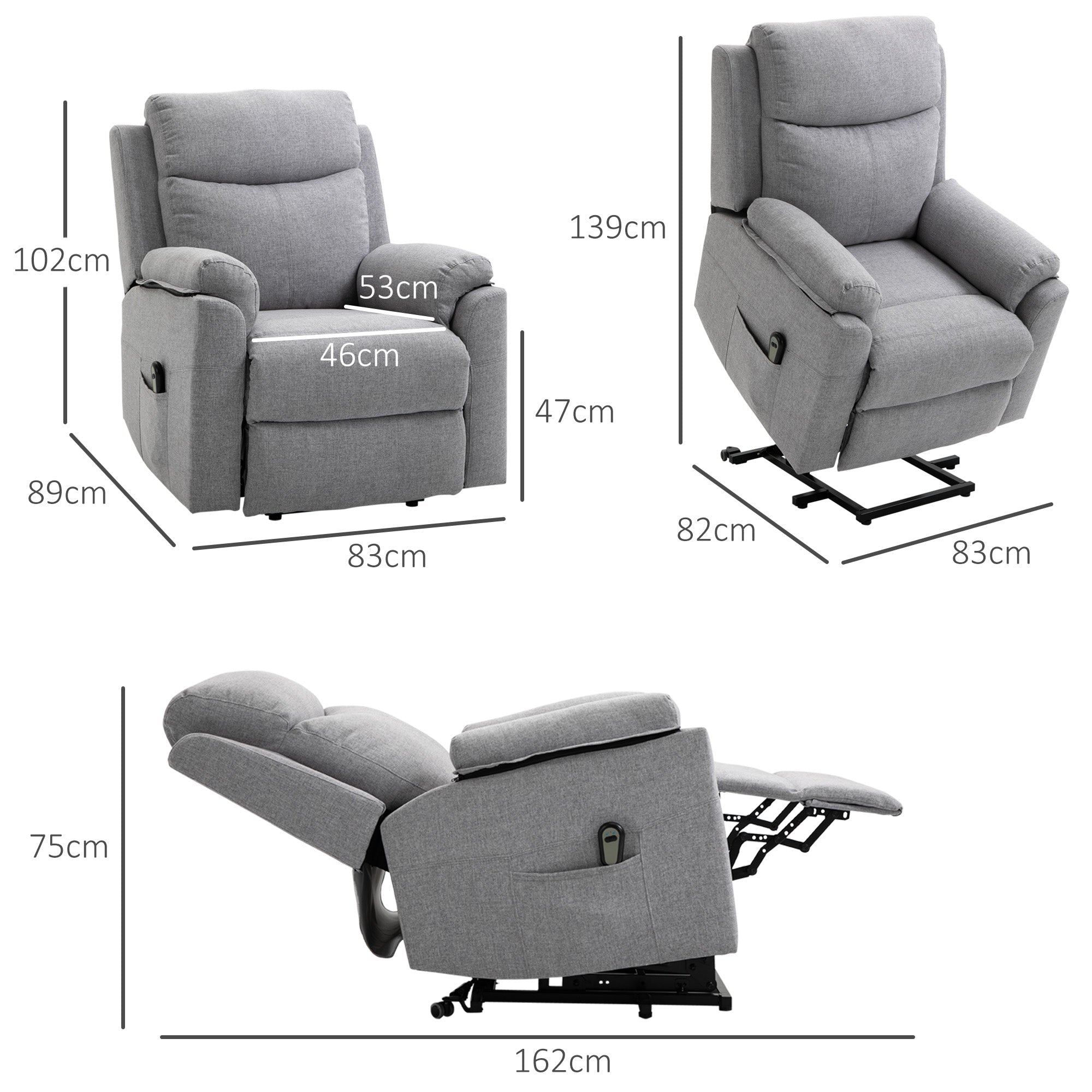 Electric TV Recliner with Lift Assistance, 1 Motor, Side Pocket, Gray Fabric