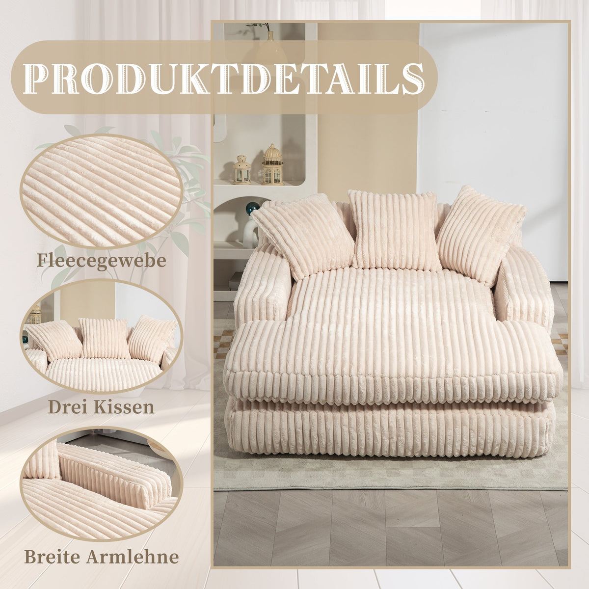 Cloud Couch Sleeper Sofa, Single-Seat Floor, 3 Cushions, Corduroy Beige